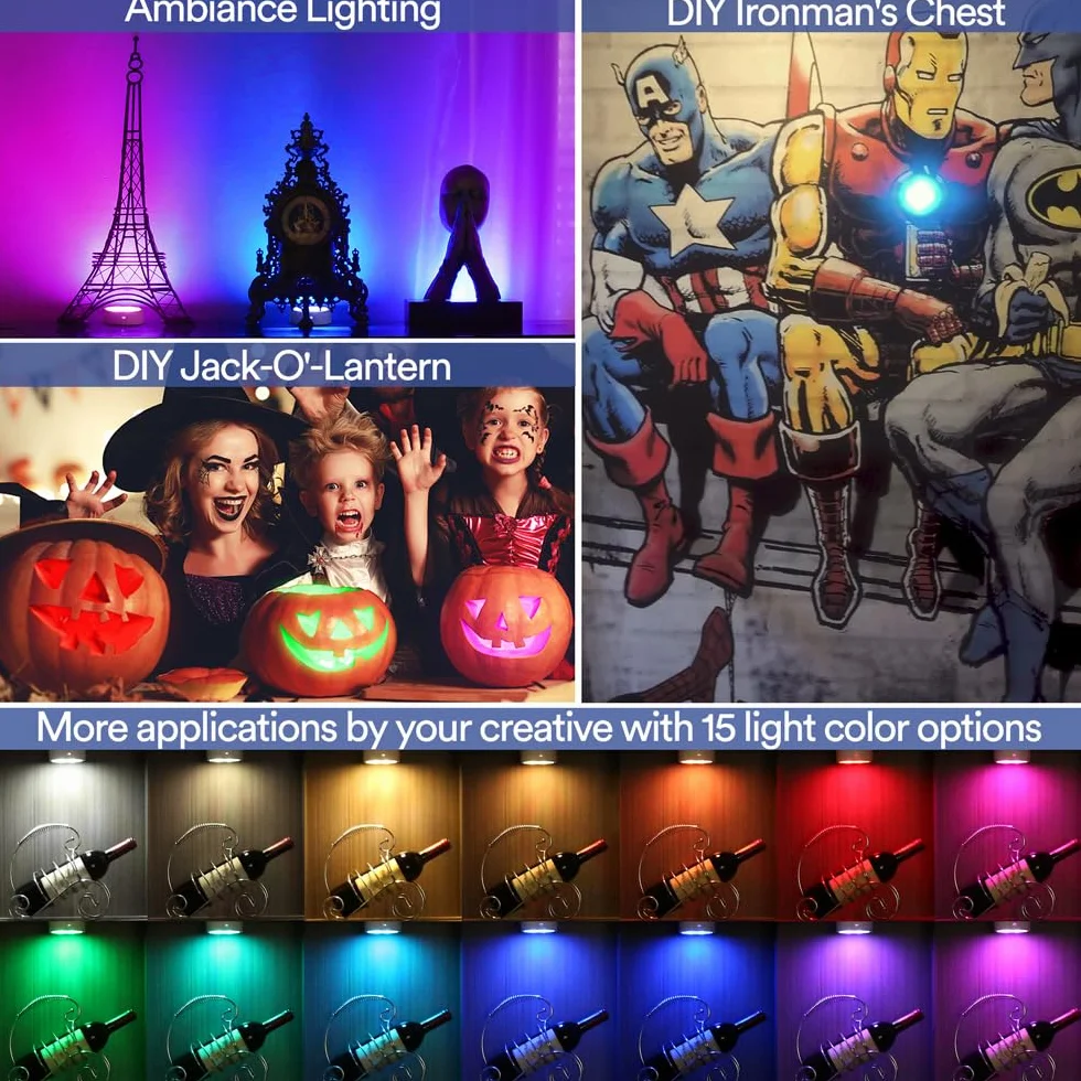 Onumii Lampki kuchenne podszafkowe, zasilane bateriami, lampki LED do szafki, bezprzewodowy licznik RGB, kolorowy krążek z pilotem zdalnego sterowania, 2 sztuki, białe, (T048)