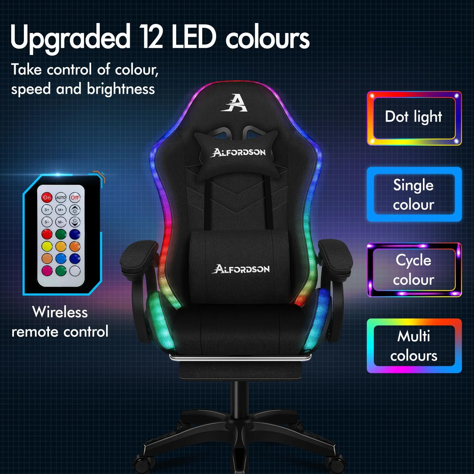 ALFORDSON krzesło gamingowe, krzesło wyścigowe z oświetleniem RGB LED, fotel do masażu komputerowego z podnóżkiem, ergonomiczne krzesło obrotowe z dźwignią, materiał, czarny
