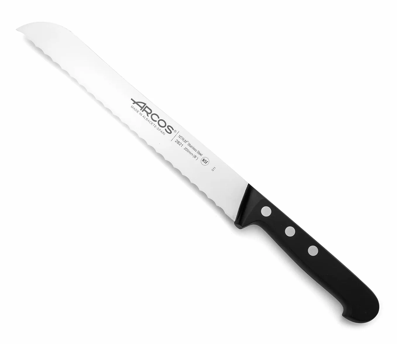 Arcos Nóż do chleba 20 cm Nitrum ze stali nierdzewnej i ostrze 200 mm, uzyskaj dużą różnorodność cięć do jedzenia, idealny nóż do codziennego użytku domowego, seria uniwersalna, kolor czarny
