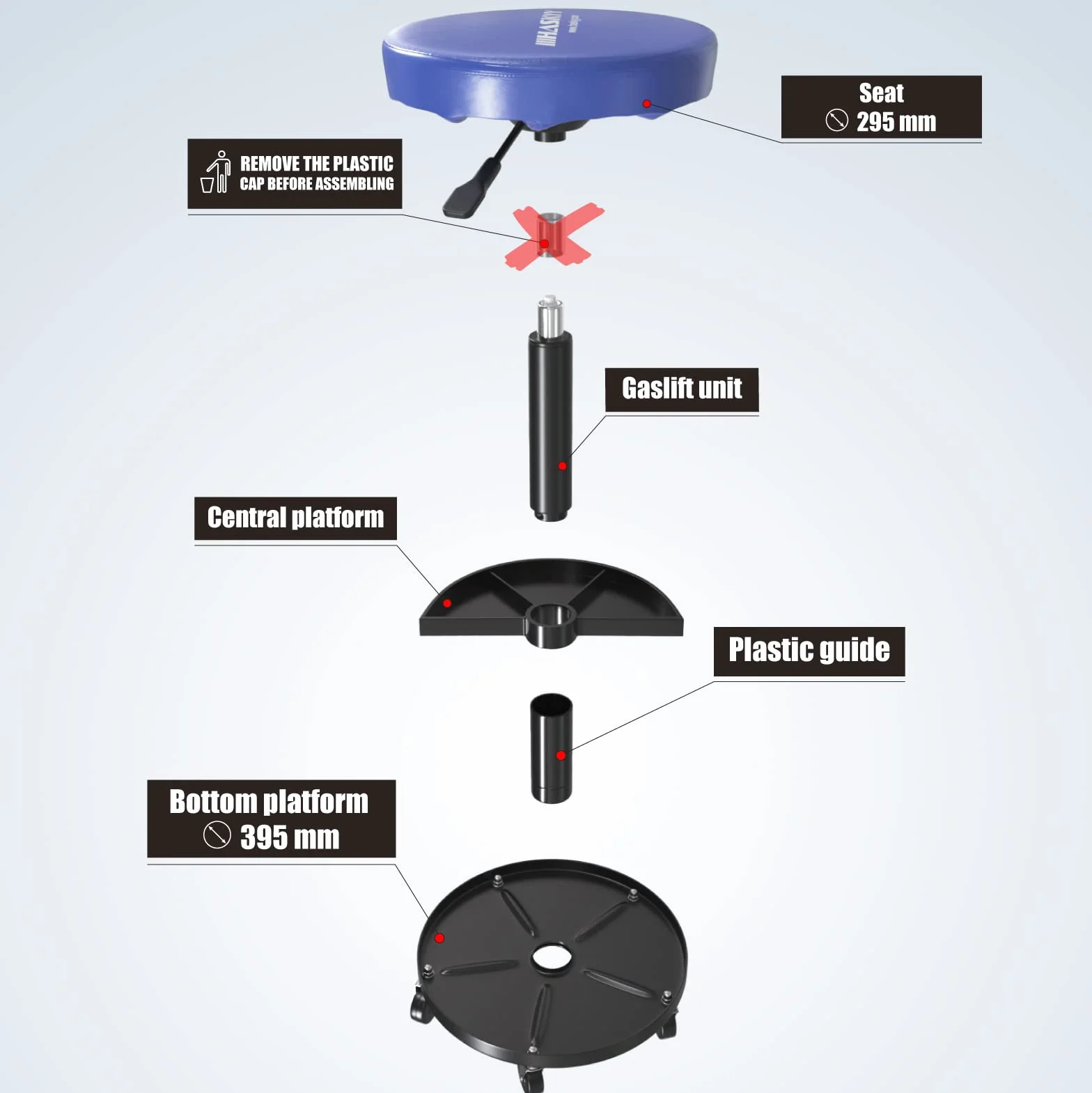 HASKYY stołek rolkowy niebieski I Stołek warsztatowy z regulacją wysokości, obrotowy o 360° I Ø 38,5 cm, 2 półki I 390-520 mm