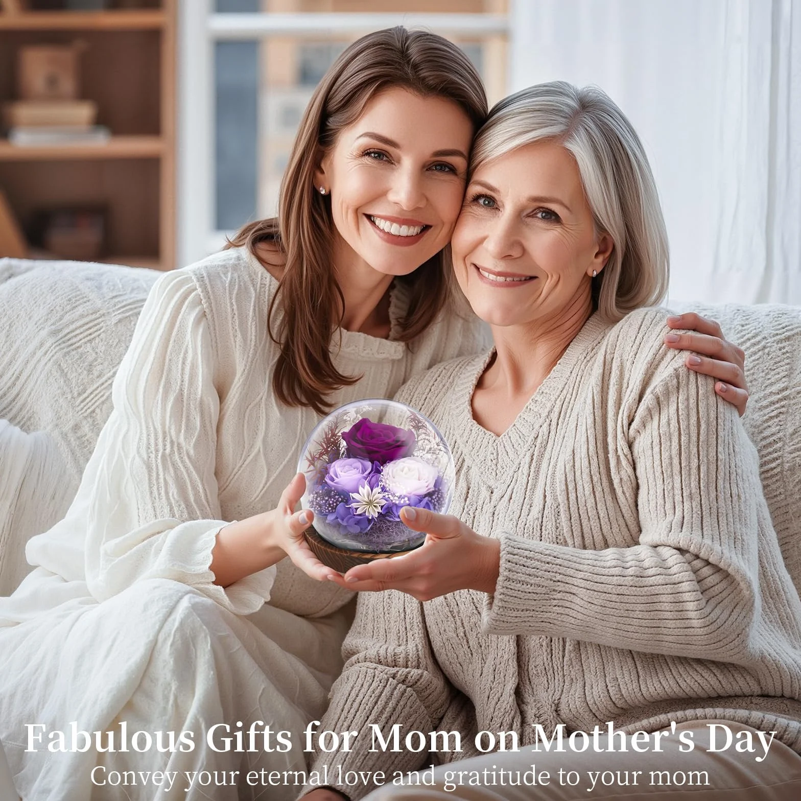 Emibele Mother's Day Eternal Rose Gifts for Mom, Preserved Real Rose in Glass Dome with LED Light for Decoration, Flowers for Delivery Prime, Gifts for Women Wife Her on Birthday Anniversary, Purple