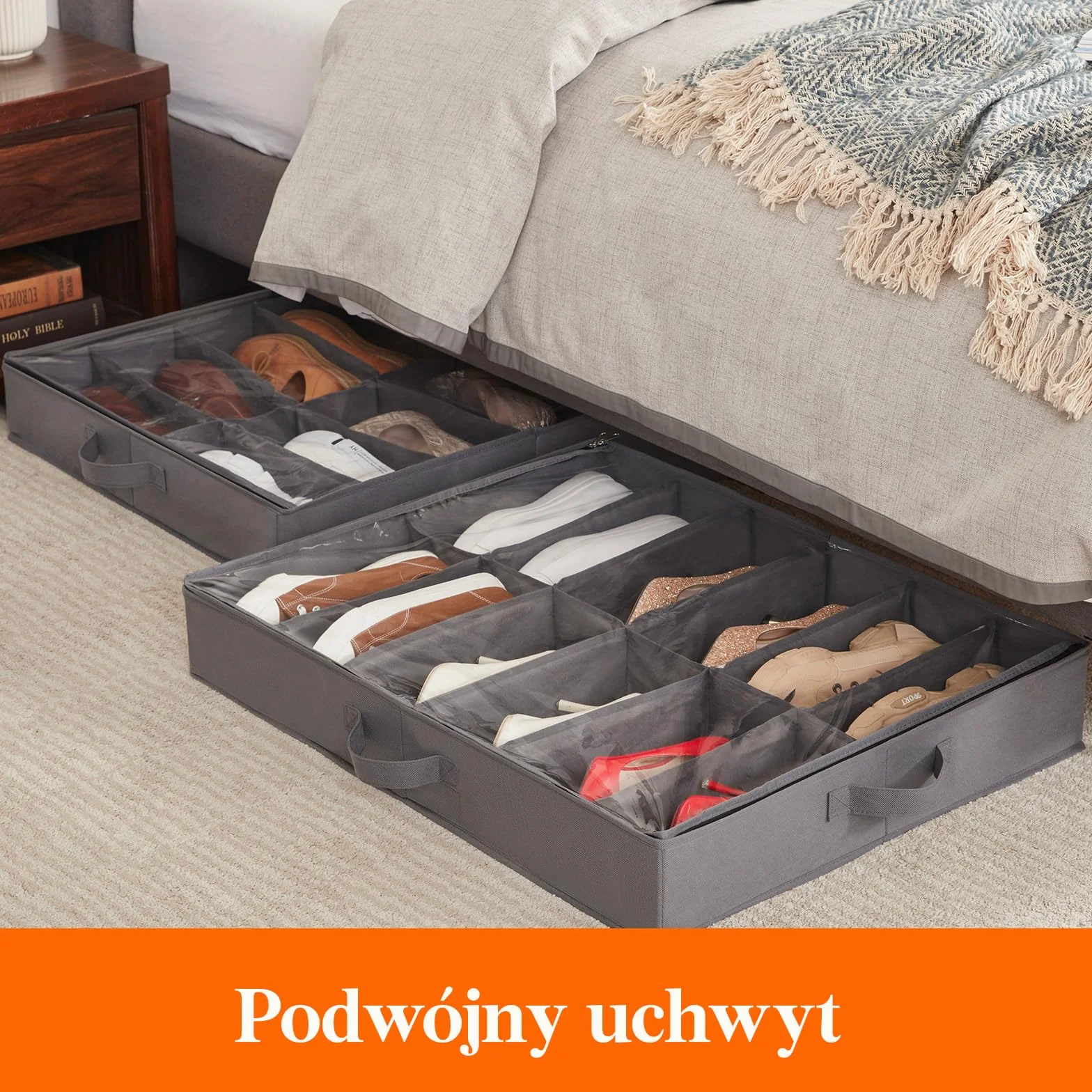 Lifewit Organizer na Buty z Przezroczystym Okienkiem, 12 Par + 4 Par, Składany Pojemnik do Przechowywania pod Łóżko z Uchwytem, Szary