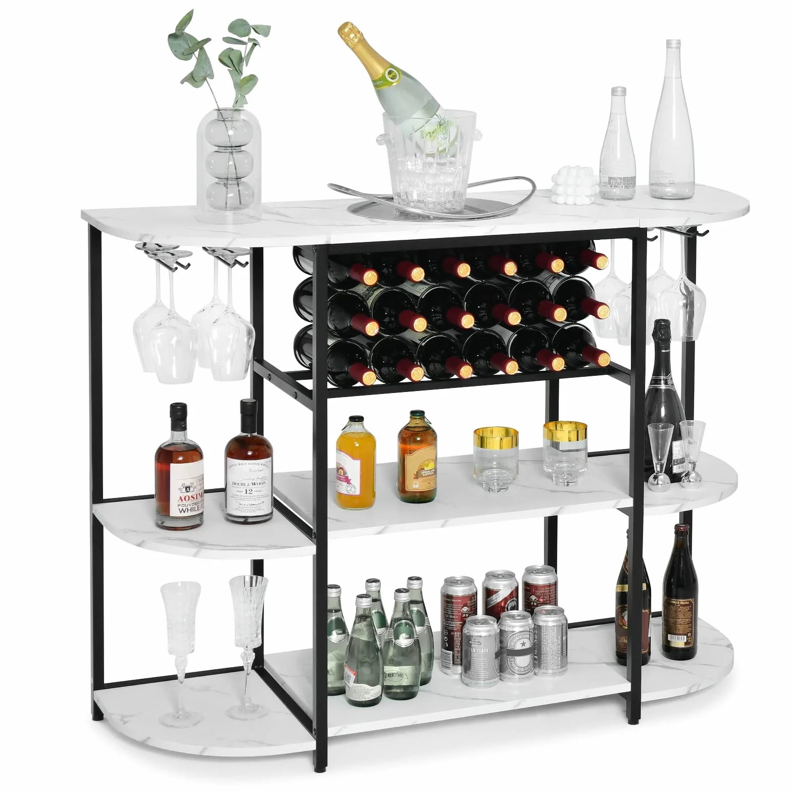 COSTWAY Stojak na wino 120 cm z uchwytem na szkło i półkami, 3-poziomowy regał na butelki na 18 butelek wina i 8 kieliszków, 120 x 40 x 91 cm (biały)