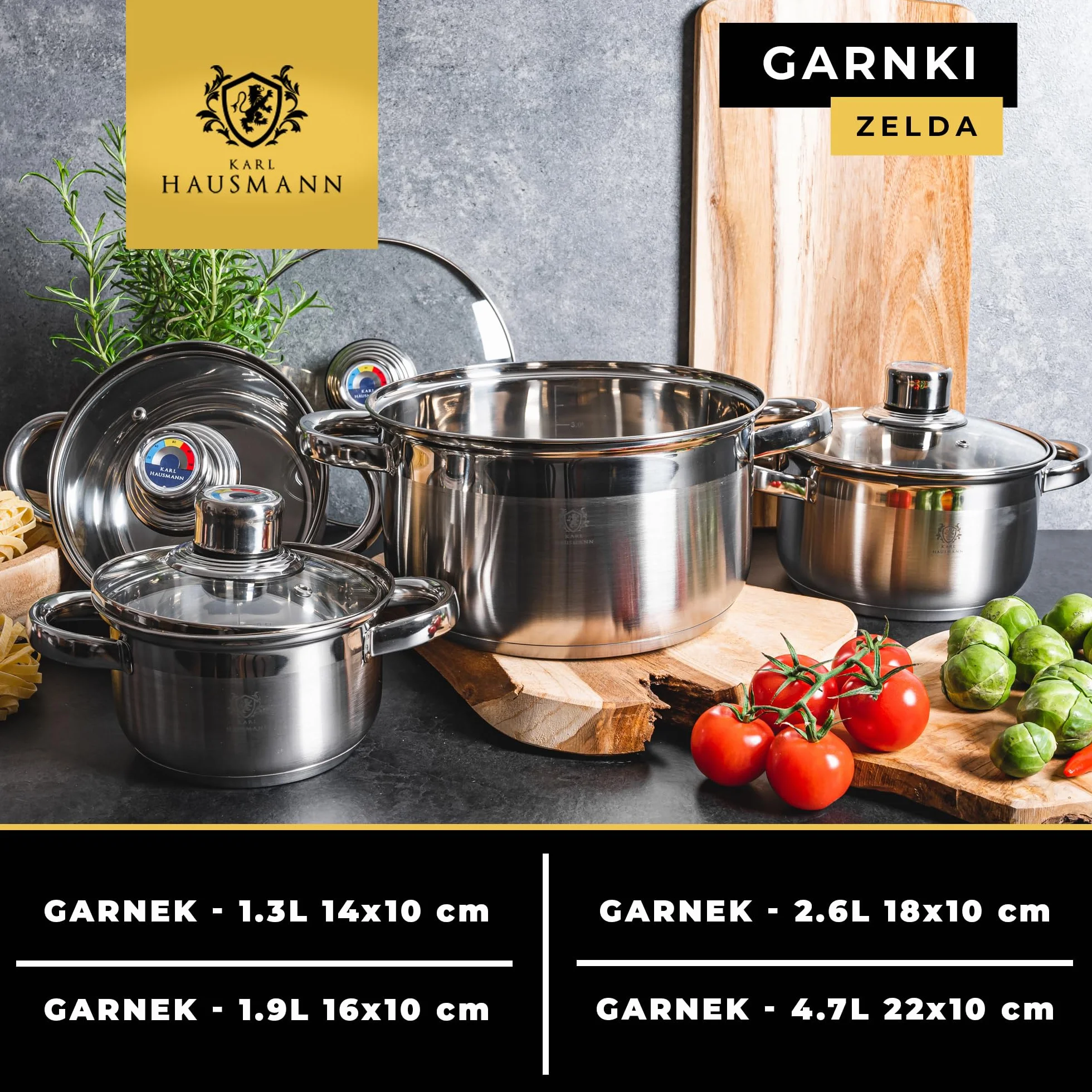 KARL HAUSMANN Zestaw 4 Garnków ze Stali Nierdzewnej z Pokrywkami z Termometrem - Garnki na Wszystkie Kuchenki, w tym Indukcję - Do Mycia w Zmywarce - Skala Wewnętrzna - 4 Rozmiary