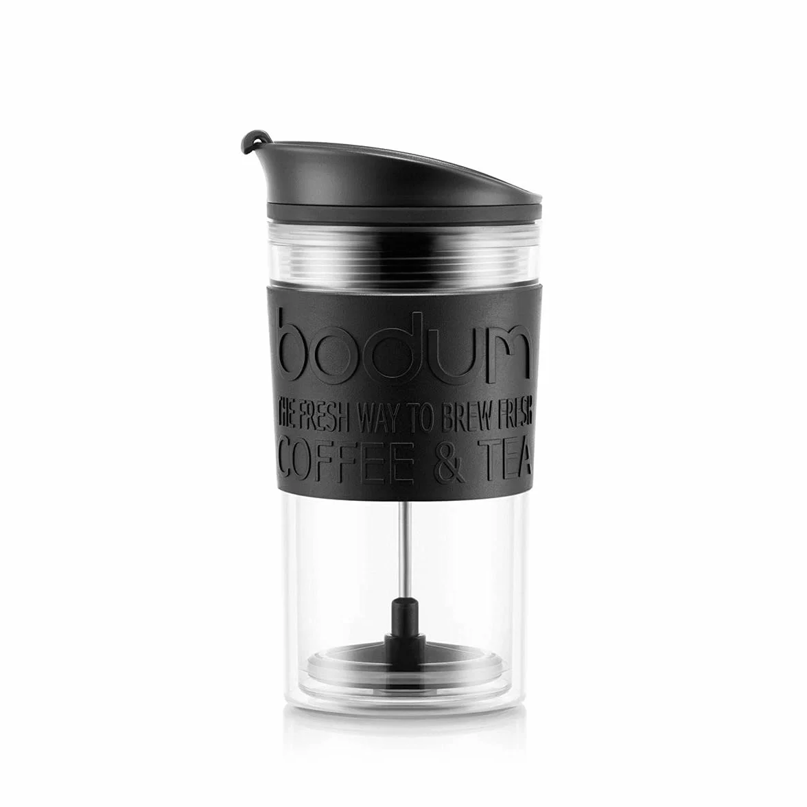 Bodum Izolowany kubek tłokowy 11102-01s z pokrywą na zawiasach, 0,35 litra, czarny, przezroczysty, plastikowy, 8,9 cm