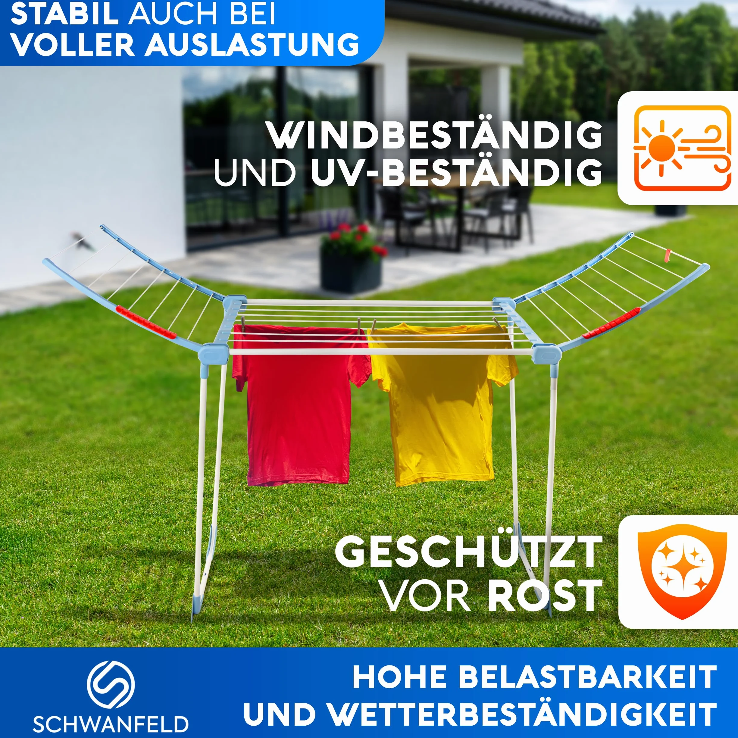 SCHWANFELD® Suszarka na pranie [18 m długości suszenia] – stojak na suszarkę premium – składana suszarka XXL – antypoślizgowa – suszarka stojąca na balkon – stojak na ubrania – stojak na ubrania