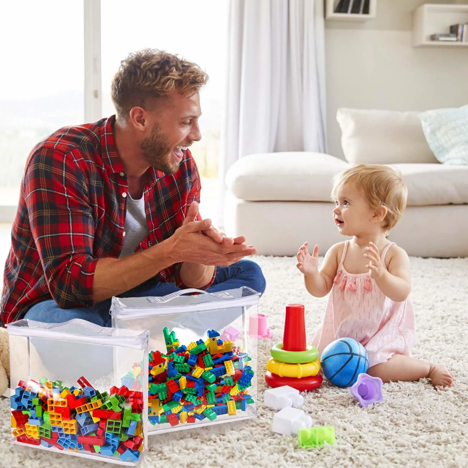 8 szt. Torby do Przechowywania Zabawek z Zamkiem Blyskawicznym, 32x31x8cm Przezroczyste Torby do Przechowywania PVC Torby do Organizowania Zabawek Torby na Zabawki do Klocków Puzzli Zabawek