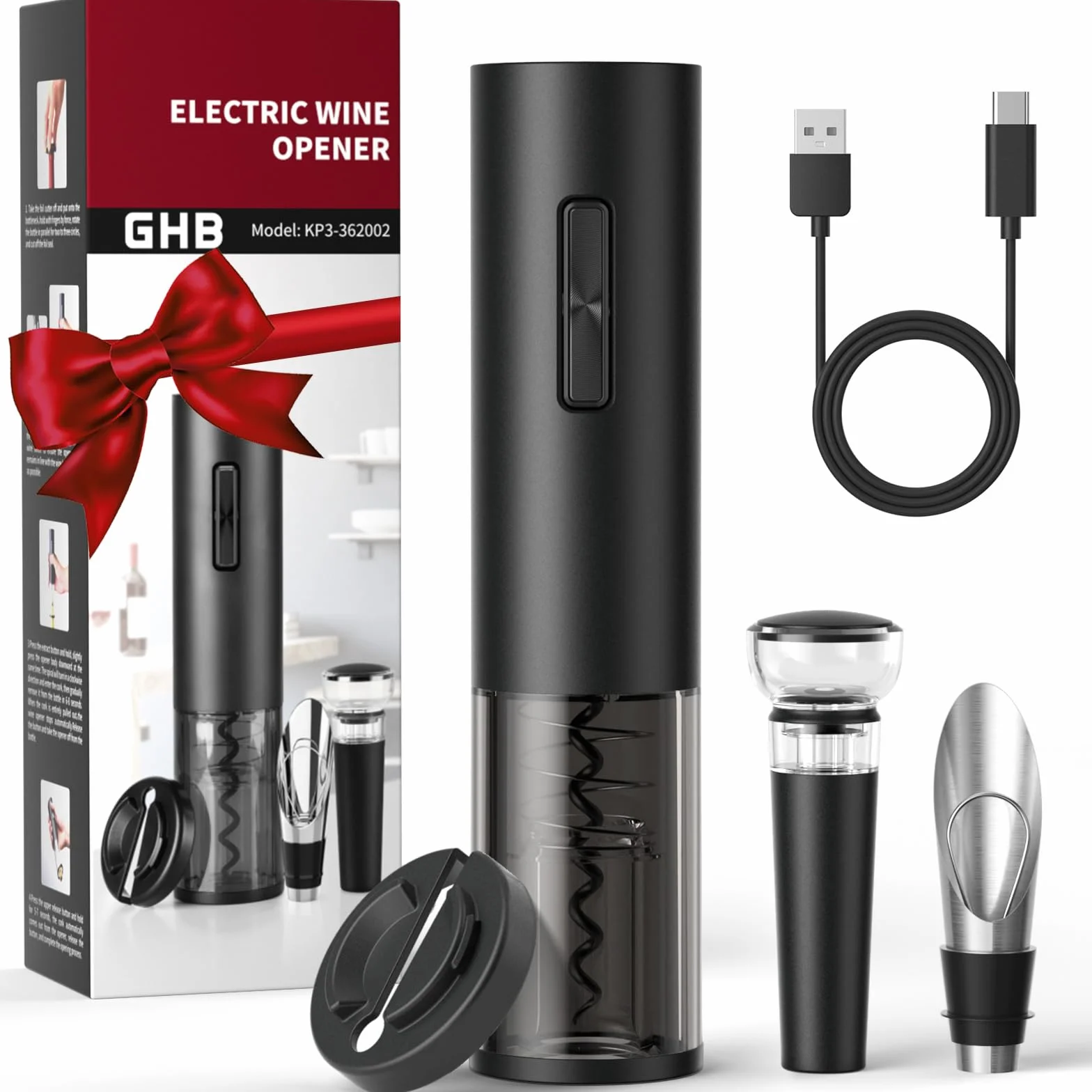 GHB Elektryczny korkociąg USB akumulator, profesjonalny otwieracz do butelek z winem i obcinacz papieru z stali nierdzewnej, nasadka uszczelniająca