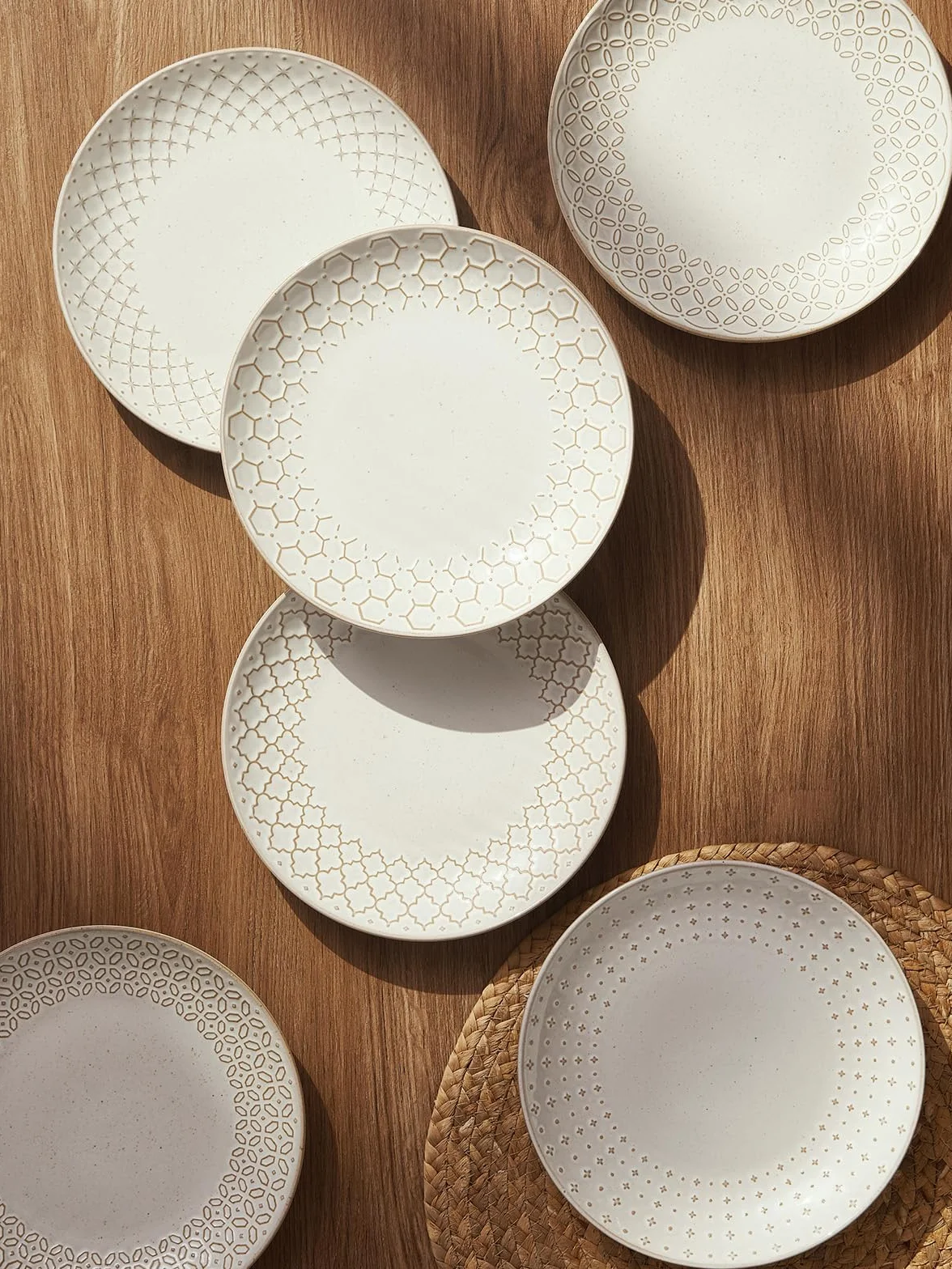 Zestaw 6 talerzy deserowych, ceramiczne talerze sałatkowe, 22 cm, wytłaczane, płaskie talerze do serwowania, na przekąski, mały lunch, sushi, odporne na zarysowania, naczynia z kamionki, nadają się do
