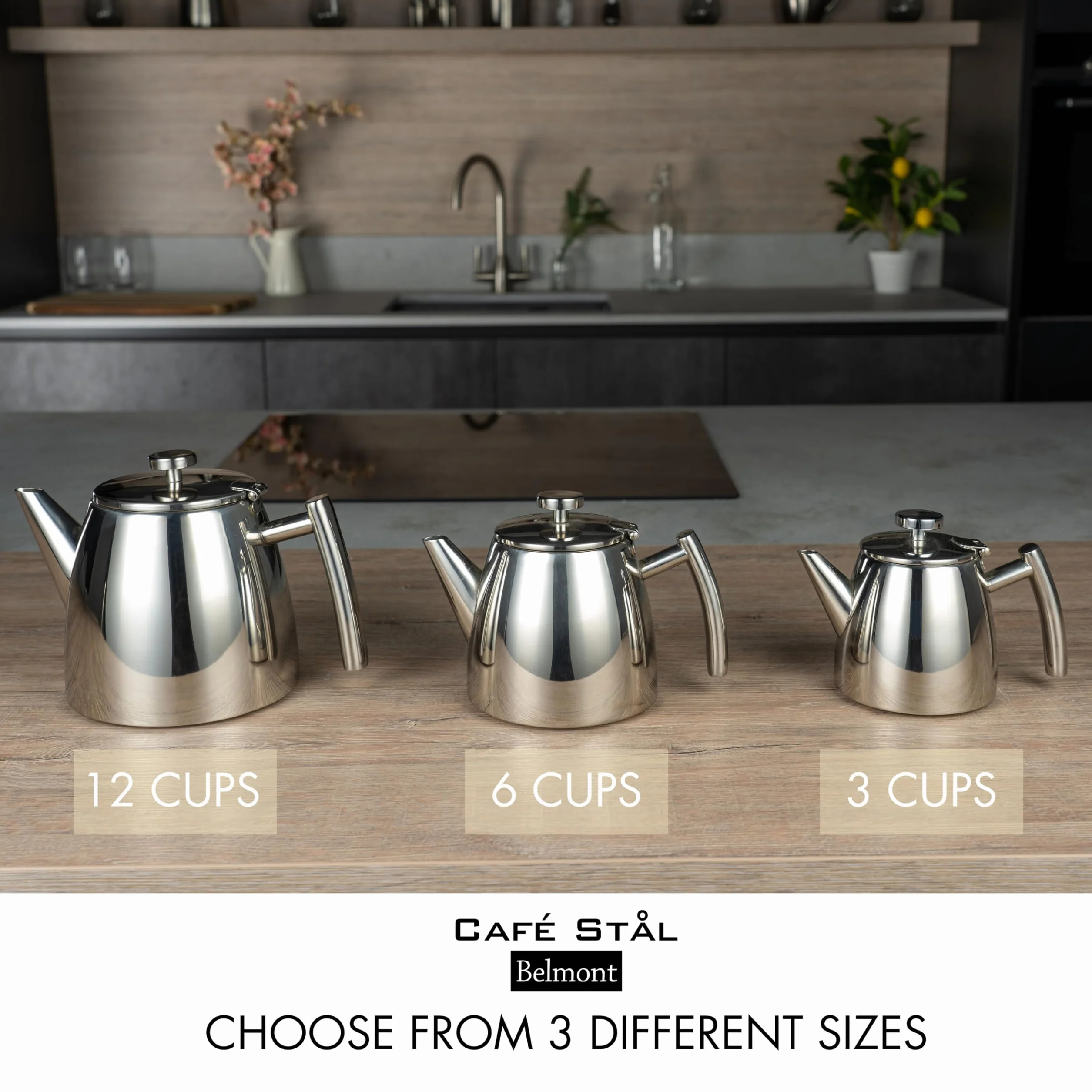 Café Stal Belmont dzbanek na herbatę ze stali nierdzewnej z podwójną ścianką z pokrywą na zawiasach, lustrzane wykończenie, 350 ml / 0,35 l, HTP-03DW