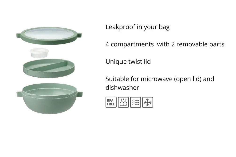 Mepal Vita Podstawowa Miska na Lunch Bento, Wiele Przegródek, Dodatkowa Miska z Pokrywką, Pojemnik na Sos i Taca, Pudełko Bento, Pudełko na Sałatki, 1500 ml, Nordic Sage