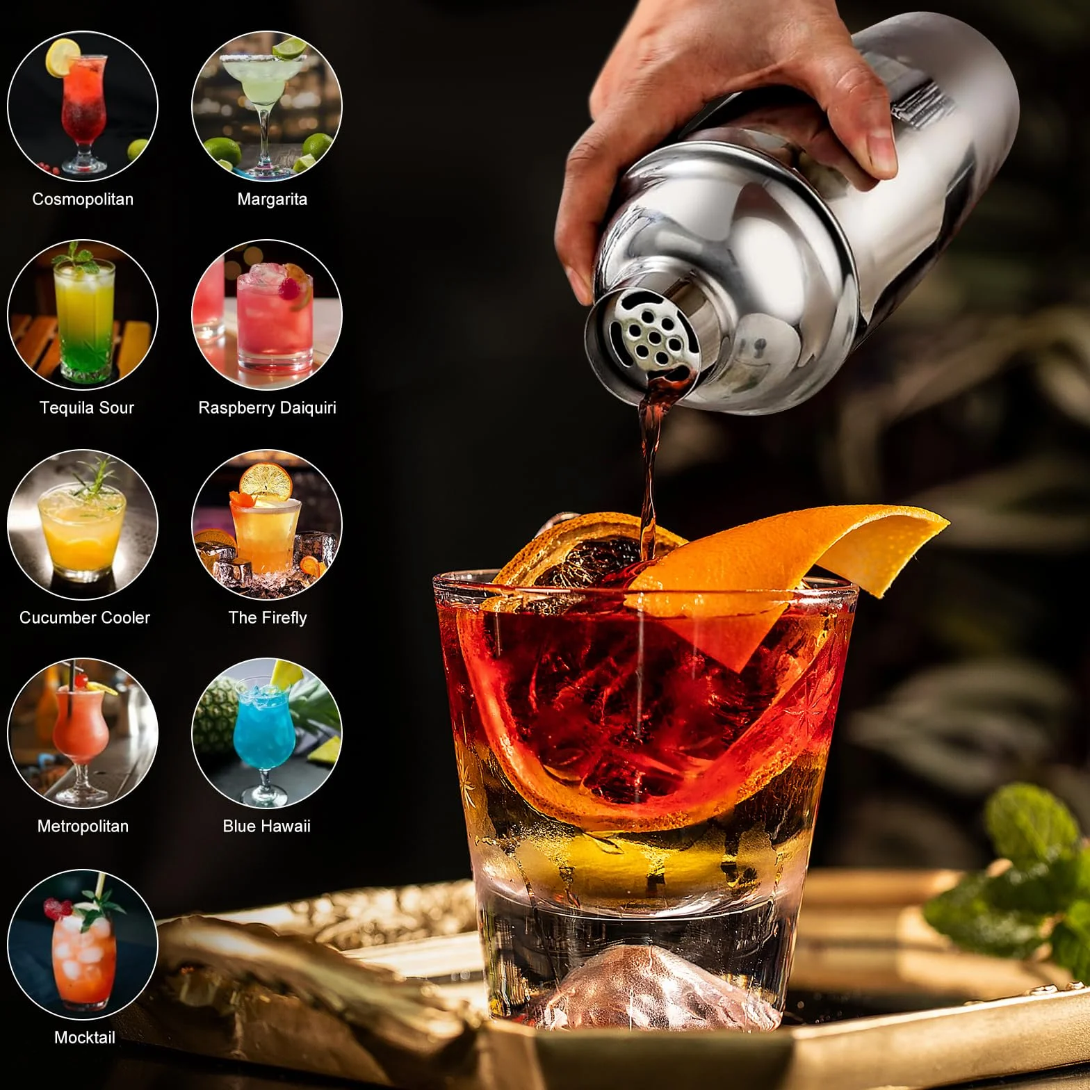 Zestaw Shaker do Koktajli, 12 Elementów ze Stali Nierdzewnej, Zestaw Akcesoriów Barowych, 750ml Shaker do Koktajli, Zestaw Mikserów do Koktajli, z Drewnianą Podstawą do Domu Lub Baru
