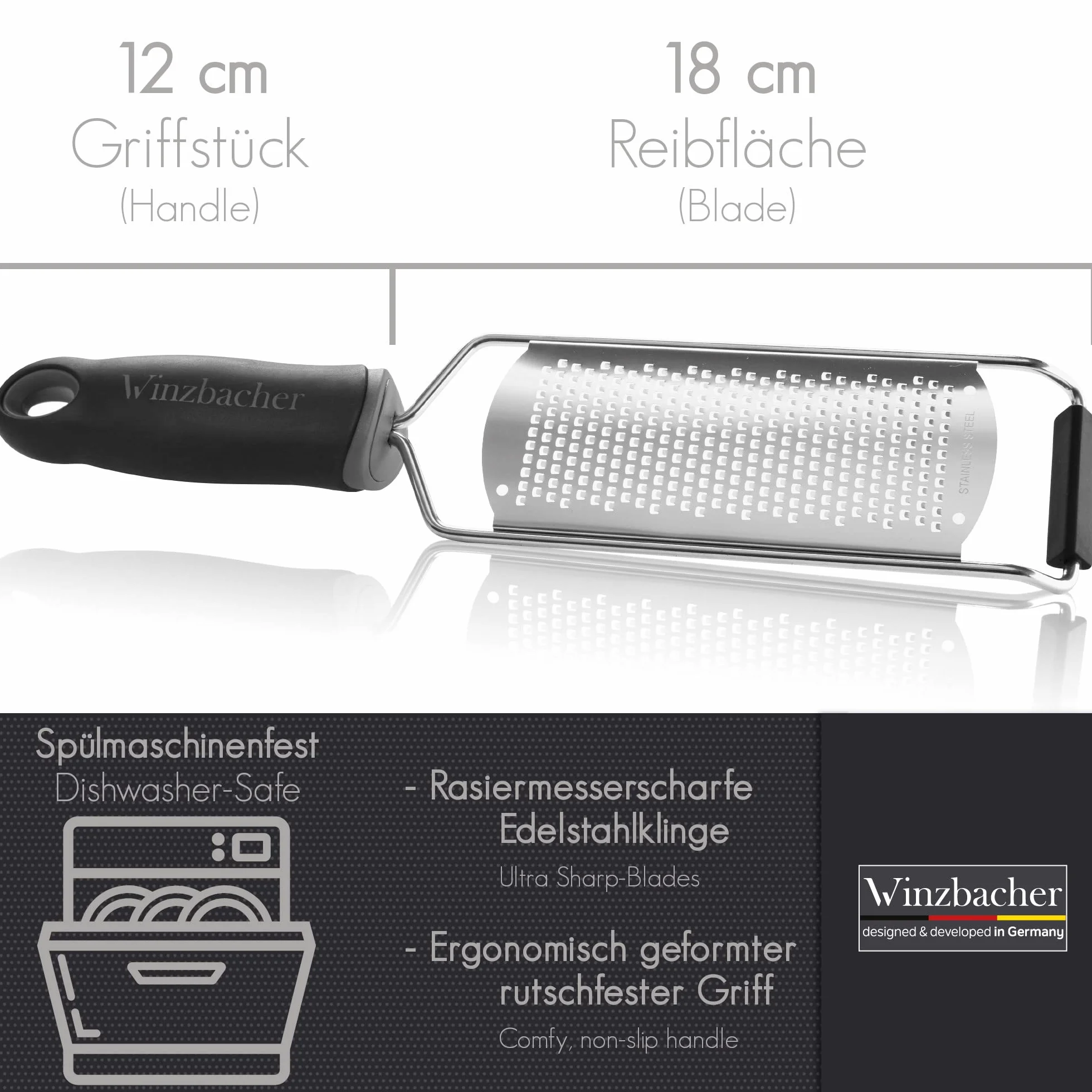 Winzbacher Parmesanreibe Zitronenreibe Edelstahl spülmaschinenfest mit Schütz Reinigungsbürste
