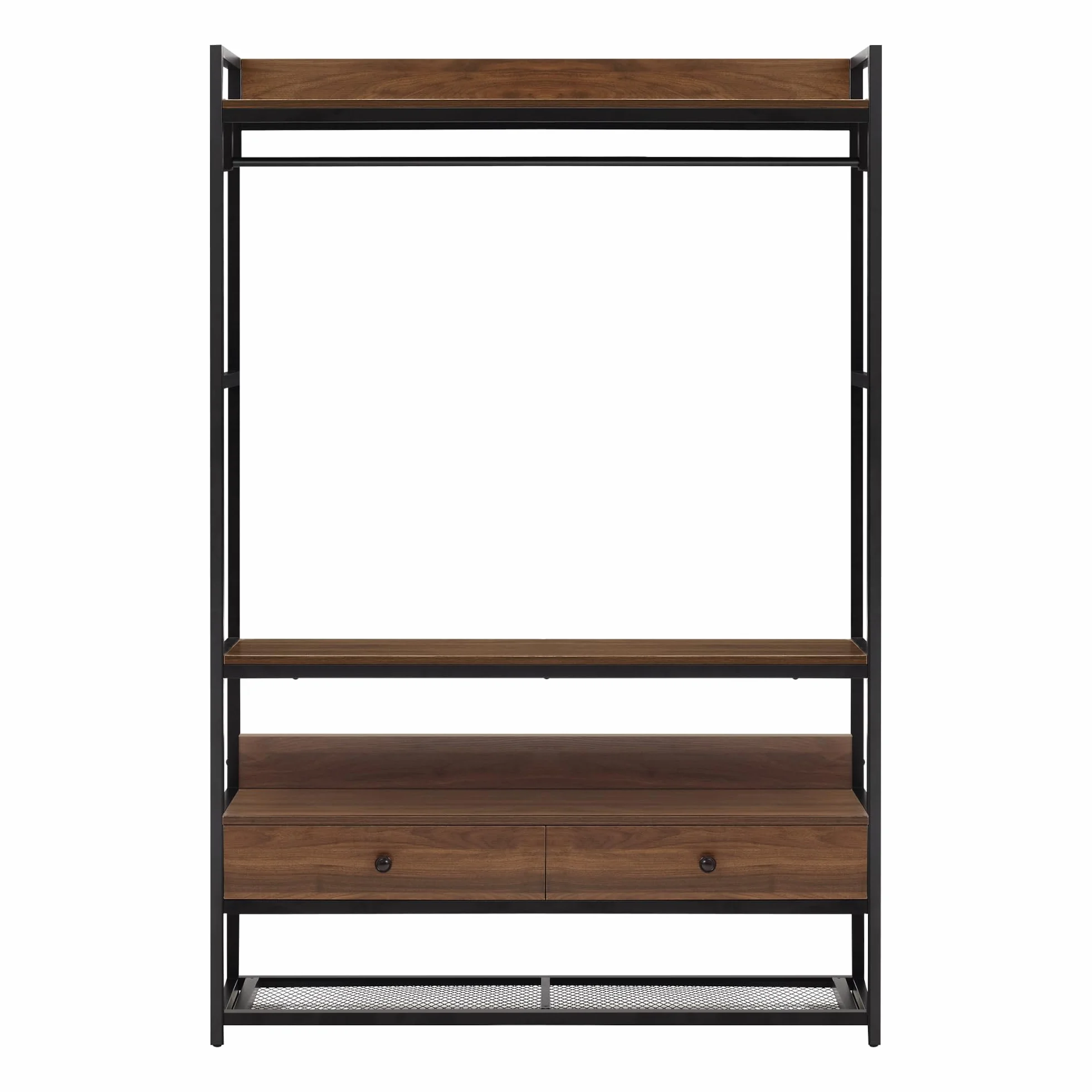 [en.casa] Wieszak Isen z drążkiem na ubrania, wieszak na ubrania, otwarta płyta MDF, szafa z 4 półkami i 2 szufladami, 180 x 120 x 40 cm, wygląd orzecha włoskiego
