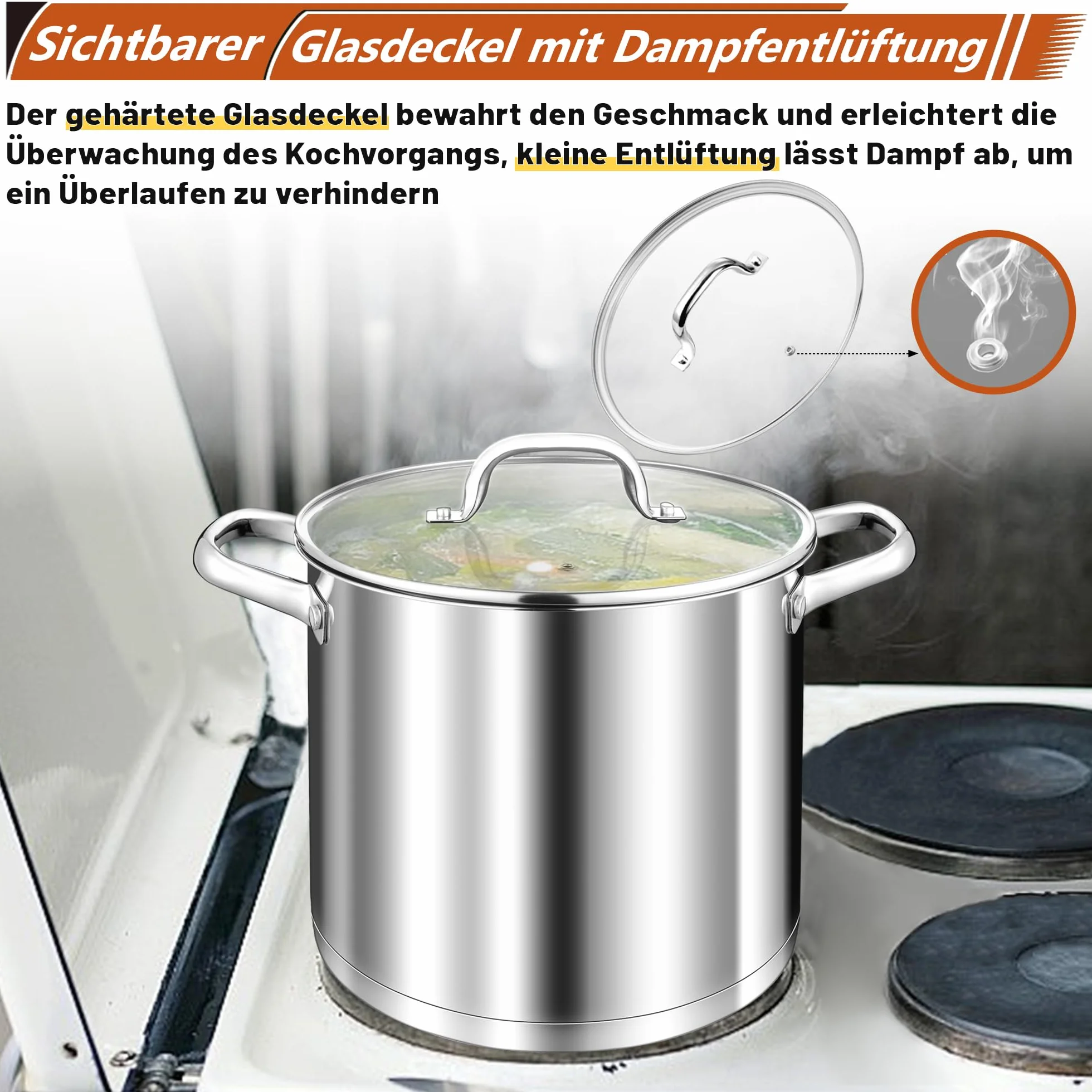 TEAMFAR Garnek do gotowania 10 l, stal nierdzewna, duży garnek do makaronu, indukcyjny z 3-warstwowym dnem, do wszystkich rodzajów kuchenek, szklana pokrywka, 24 cm, garnek do gotowania, niepowlekany