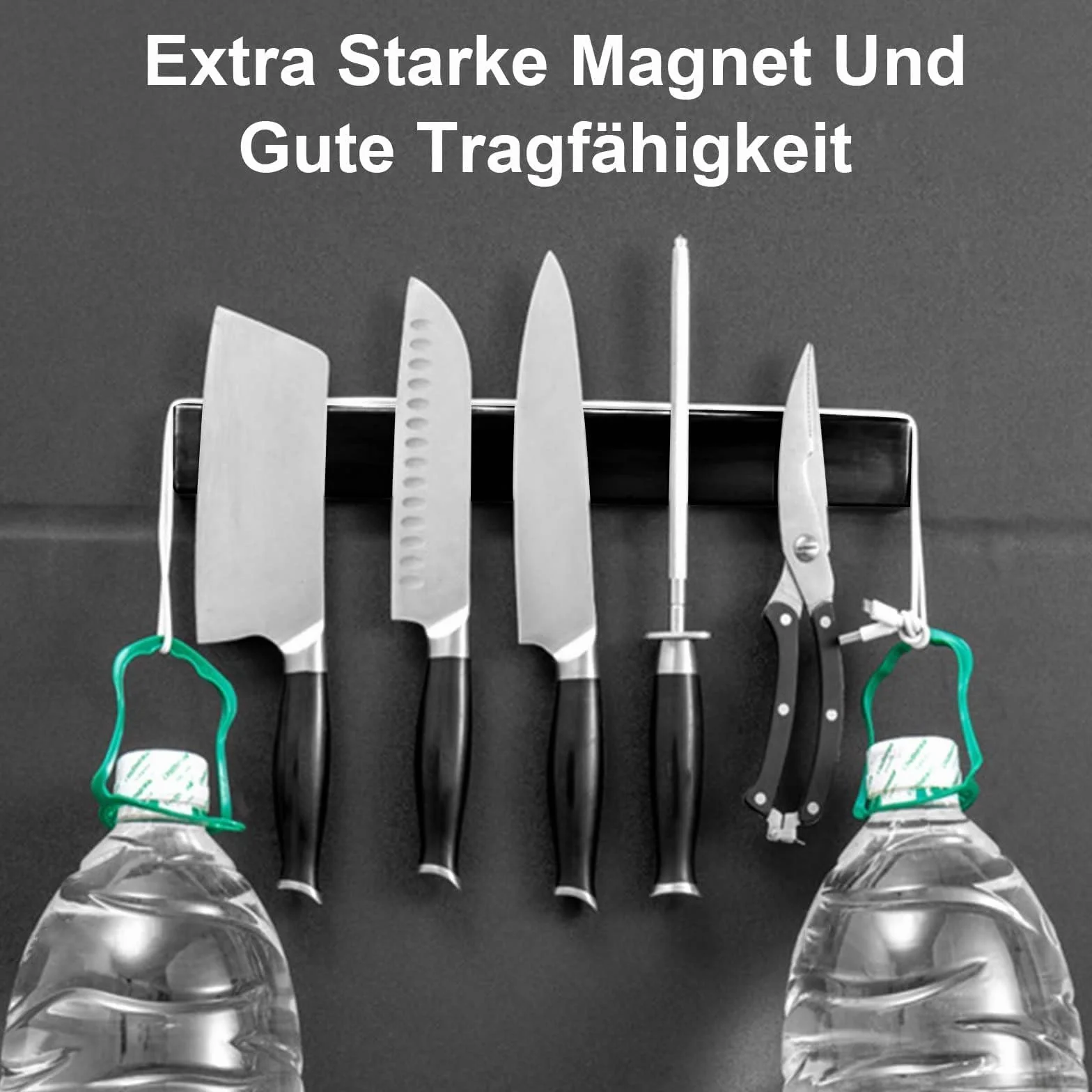 listwa magnetyczny na nóż, 60 cm, z 3 haczykami, stal nierdzewna, samoprzylepna, czarna, bez wiercenia, uchwyt na noże