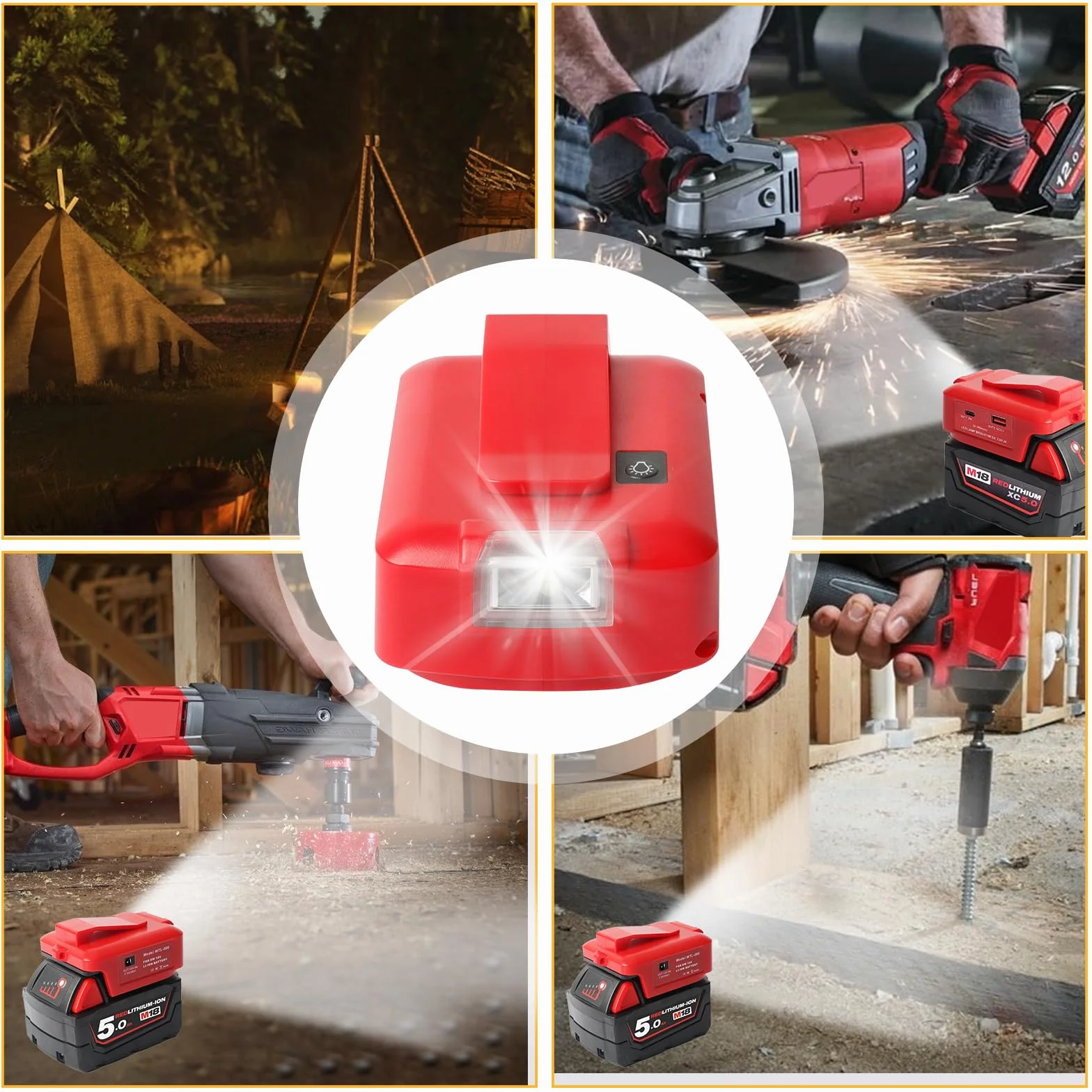 Adapter USB do akumulatora Milwaukee M18 18 V, konwerter z podwójnym portem ładowania USB, port DC 12 V, bezprzewodowa latarka i światło robocze LED (tylko adapter)