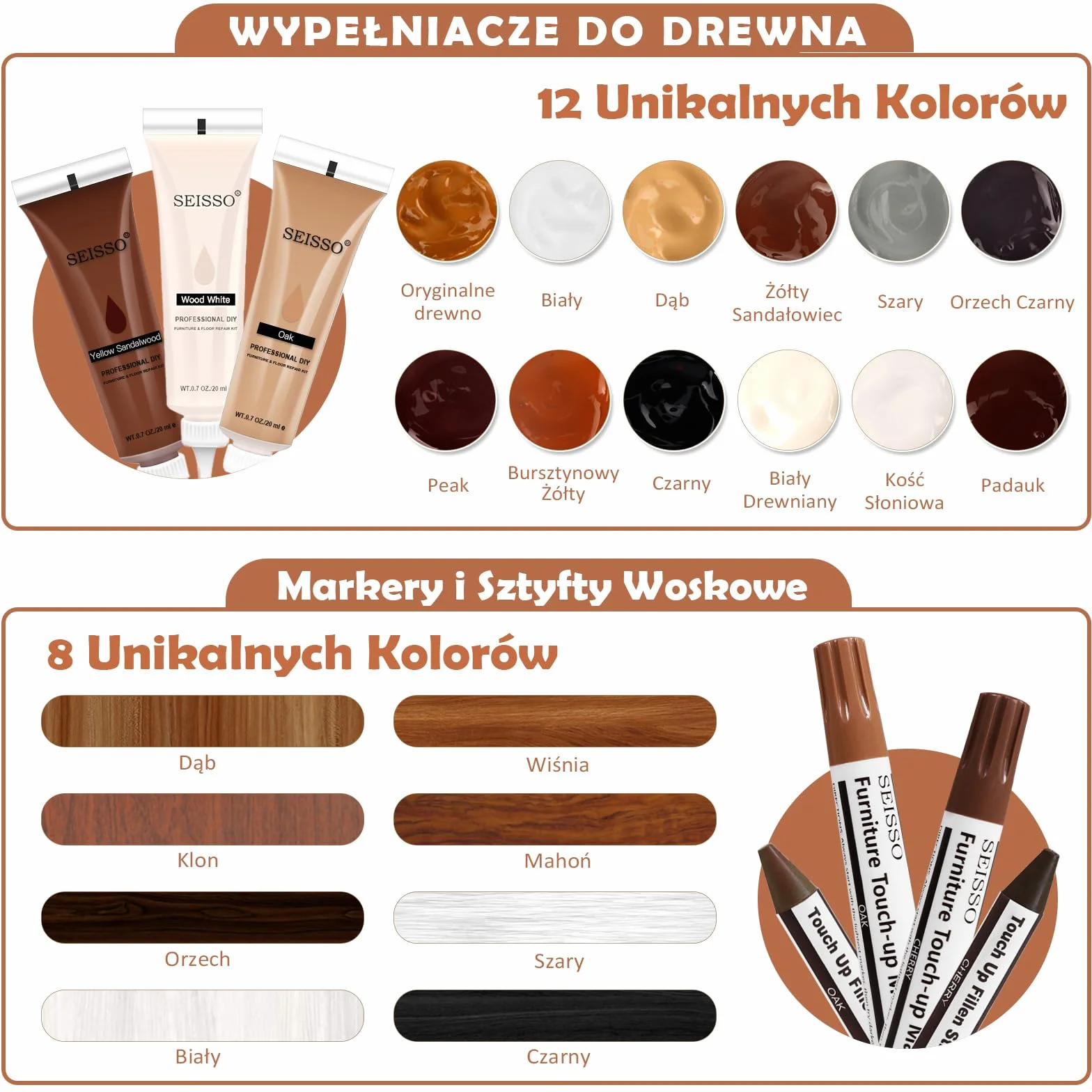 Zestaw do naprawy laminatu SEISS, szpachelka drewniana, 43 sztuki zestawu do naprawy kitu drewnianego, marker i kredki woskowane z ostrzałką, marker do drewna, zestaw do naprawy parkietu przeznaczony