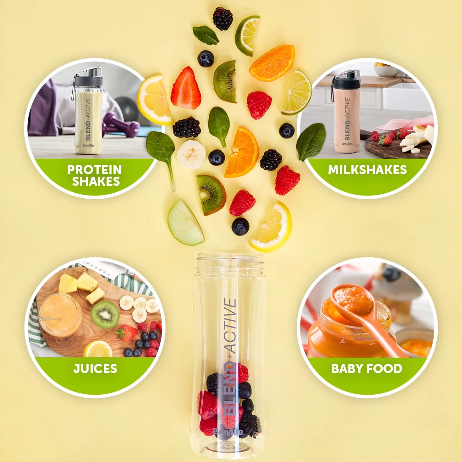 Breville Blend Active Personal Blender & Smoothie Maker | 350 W | Pakiet rodzinny | 4 przenośne butelki z mieszanką aktywnych (300 ml | 600 ml) | szczelne pokrywki | biało-zielone [VBL252]