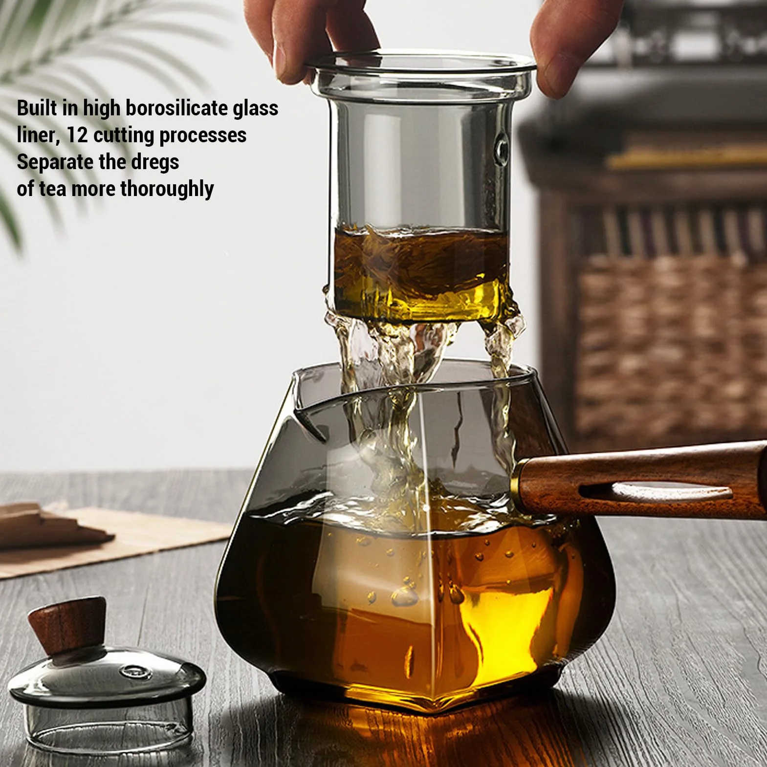 Separacja Wody Garnek Herbaty 500 Ml Szkła Browarowanie z Drewnianym Uchwytem Zdejmowanym Infuzorem Infuzer, Ehugos Stevetop Bezpieczny Duży Garnek, Kwitnienie i Luźne Ręcznie
