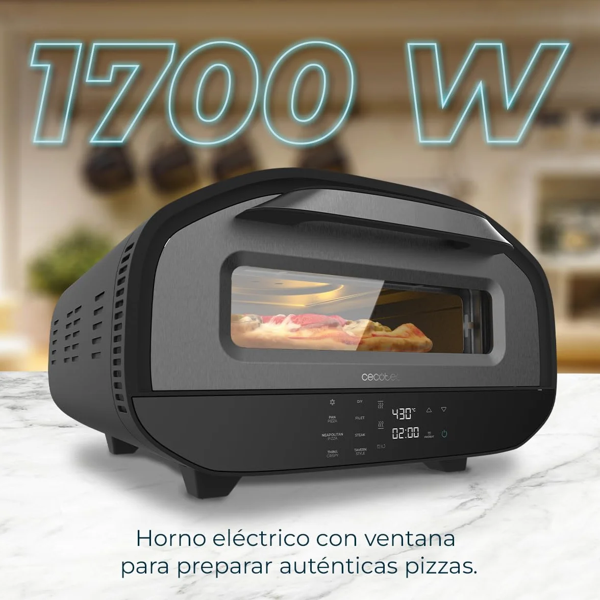 Cecotec Elektryczny piec do pizzy z okienkiem Tifosi Pizza & Co 1700 W, pojemność 12 litrów, sterowanie cyfrowe, stal powlekana, 8 funkcji, timer, temperatura 80°C - 430°C, światło wewnętrzne
