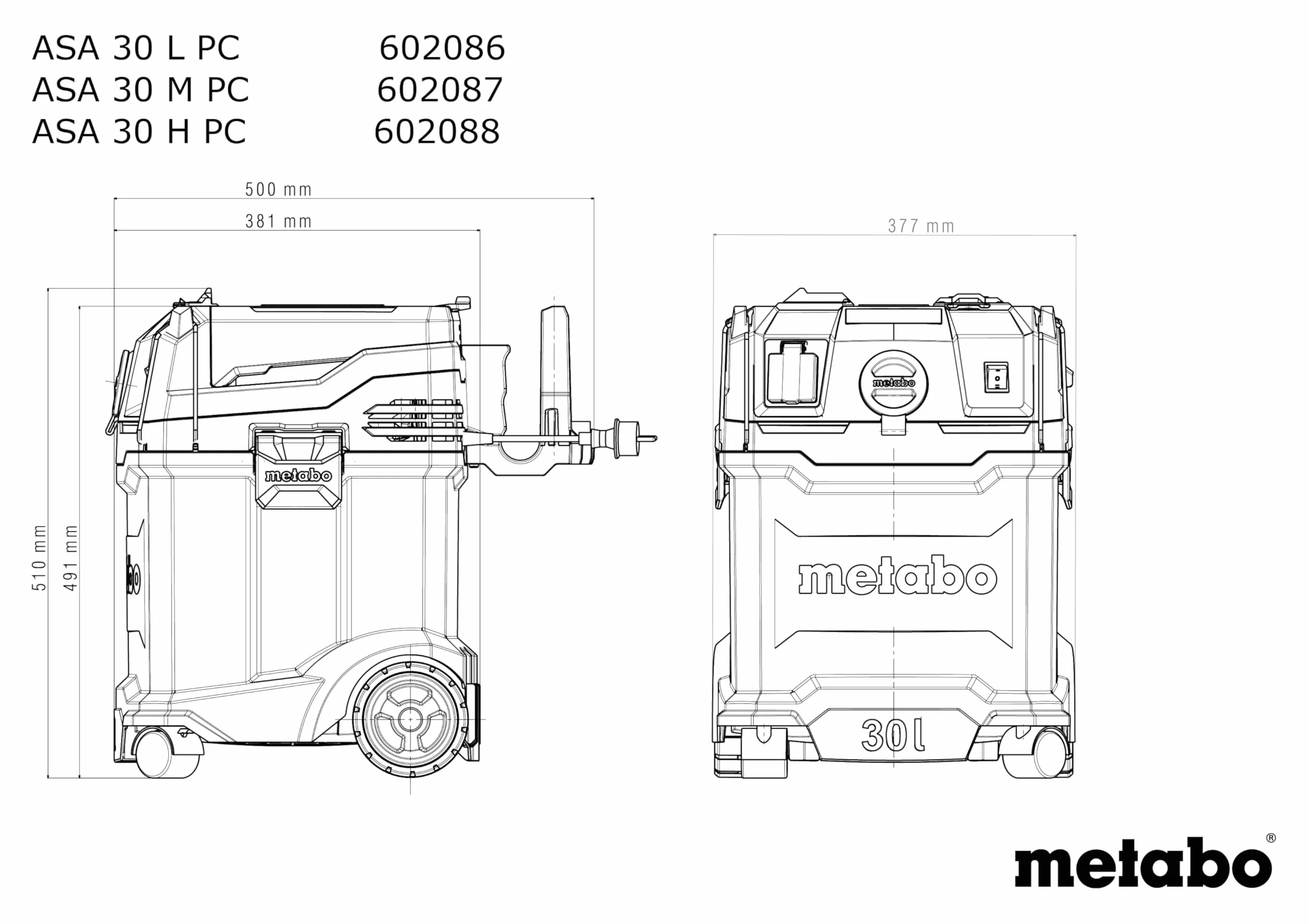 Odkurzacz uniwersalny metabo ASA 30 H PC - Odkurzacz do pracy na mokro/sucho ze zintegrowanym filtrem czyszczącym - 1200 W, 30 l, klasa pyłu H, antystatyczny - Do placów budowy i warsztatów