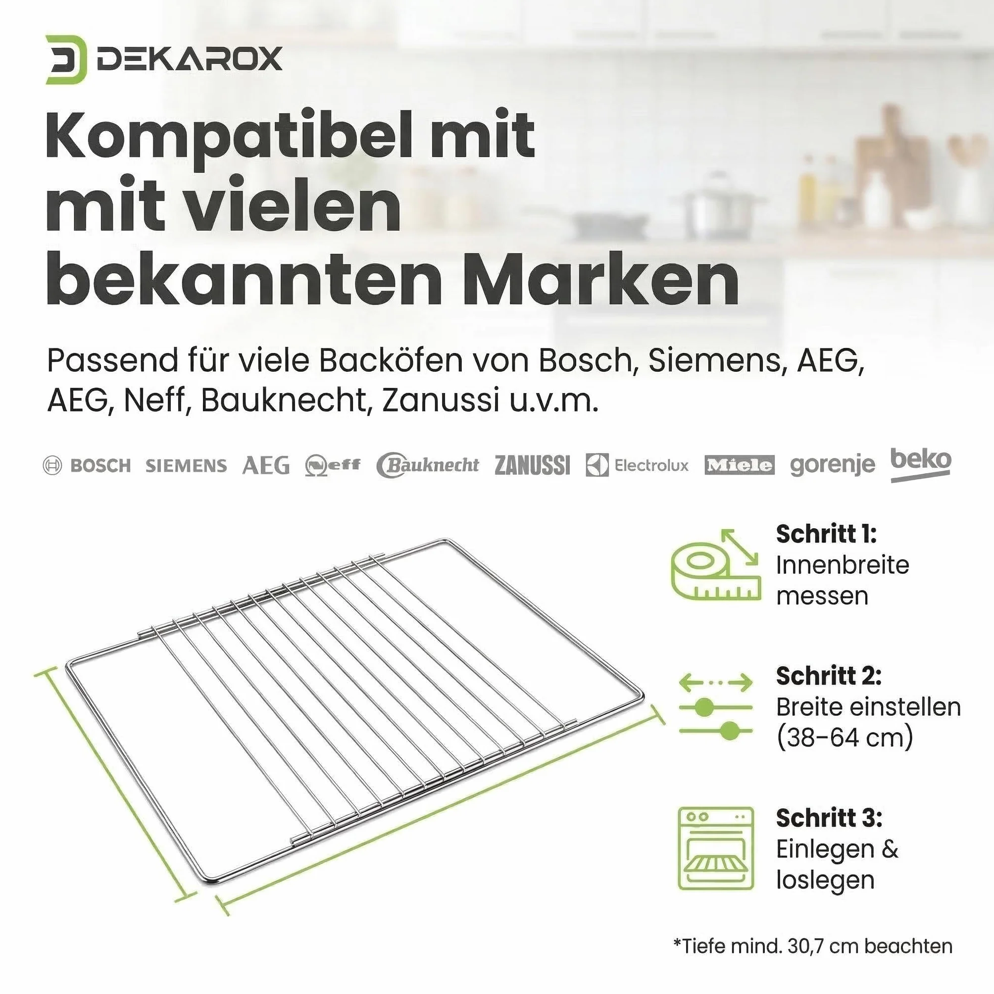 Uniwersalna kratka do pieczenia, wysuwana, 38-64 cm × 30,7 cm – chromowana, nierdzewna, pasuje do Bosch, Siemens, AEG, Neff i wielu innych