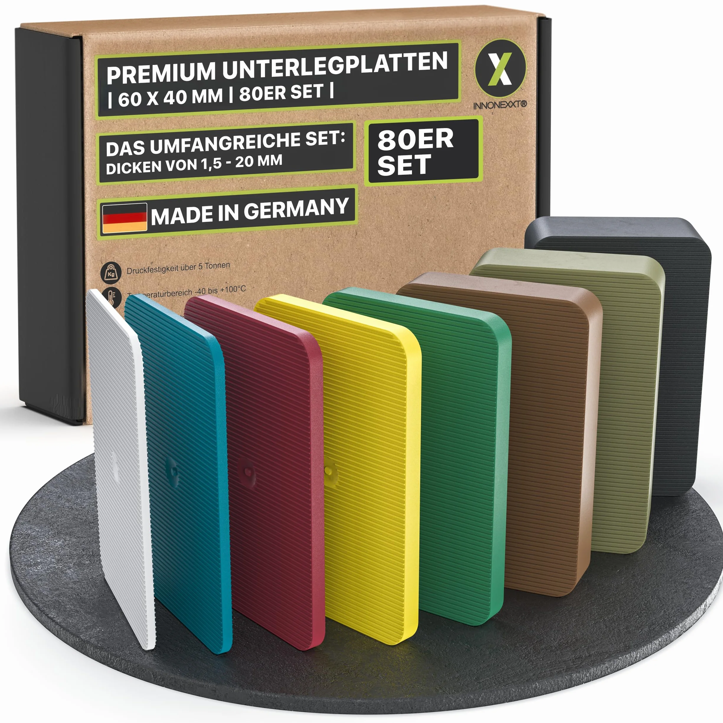 Podkładki klasy premium, 60 x 40 mm, mieszanka 80 sztuk, podkładki dystansowe, płytki z tworzywa sztucznego, podkładka dystansowa, nośność do 16 t, zestaw po 10 x 1,5, 2, 3, 4, 5, 10, 15