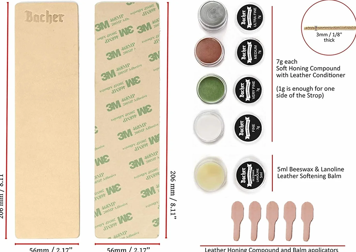 BACHER Zestaw DIY Strop – Skórzany Pas do Ostrzenia Noży z Pastami Polerskimi - 1/8" gruba, garbowana skóra bydlęca (206 mm x 56 mm), taśma klejąca 3M, 4 x 7 g zestaw past polerskich