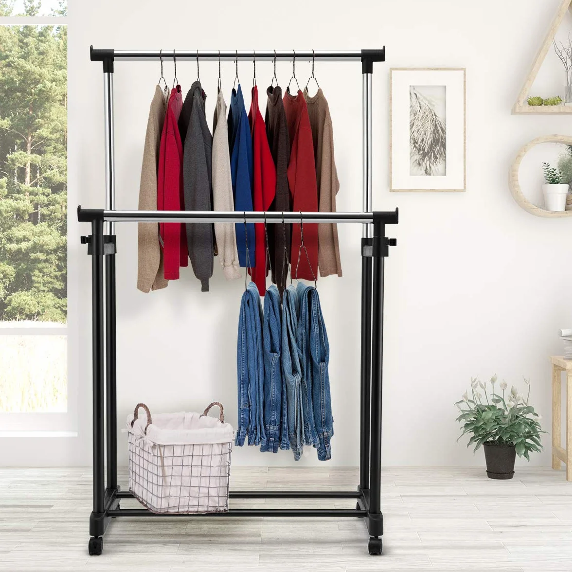 COSTWAY Wieszak na ubrania z 2 drążkami regulacja wysokości stojak na kółkach 86x43x94-168 cm czarny