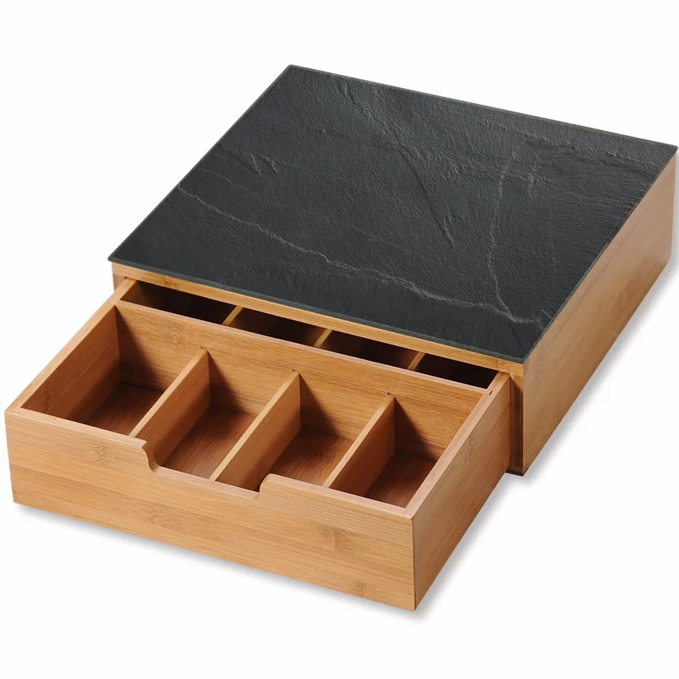 Kesper | pudełko z szufladą, materiał: bambus i szkło, wymiary: 30 x 31 x 9,5 cm, kolor: brązowy, czarny