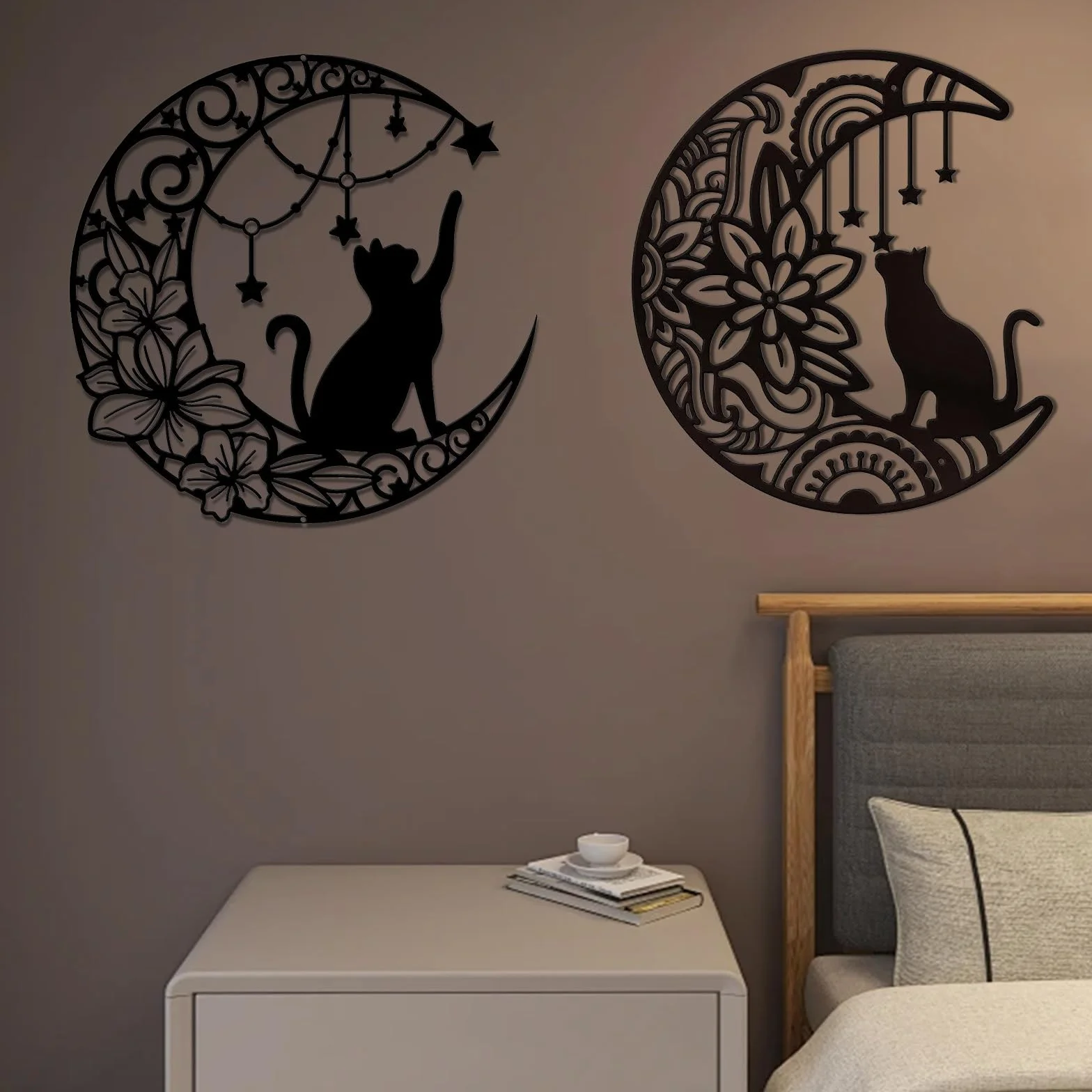 Mocrop 2 sztuki metalowych dekoracji ściennych 30 cm do salonu (kot zbiera gwiazdy), nowoczesność, sztuka, obraz ścienny, dekoracja ścienna, z akcesoriami montażowymi, do salonu, dekoracja ścienna na