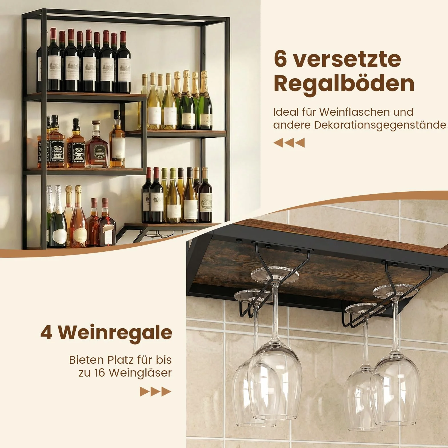 COSTWAY Regał ścienny na wino, regał barowy z 6 półkami i 4 uchwytami na szkło, metalowy regał na butelki wina, przemysłowy, wiszący uchwyt na butelki do baru, kuchni, restauracji, rustykalny brąz