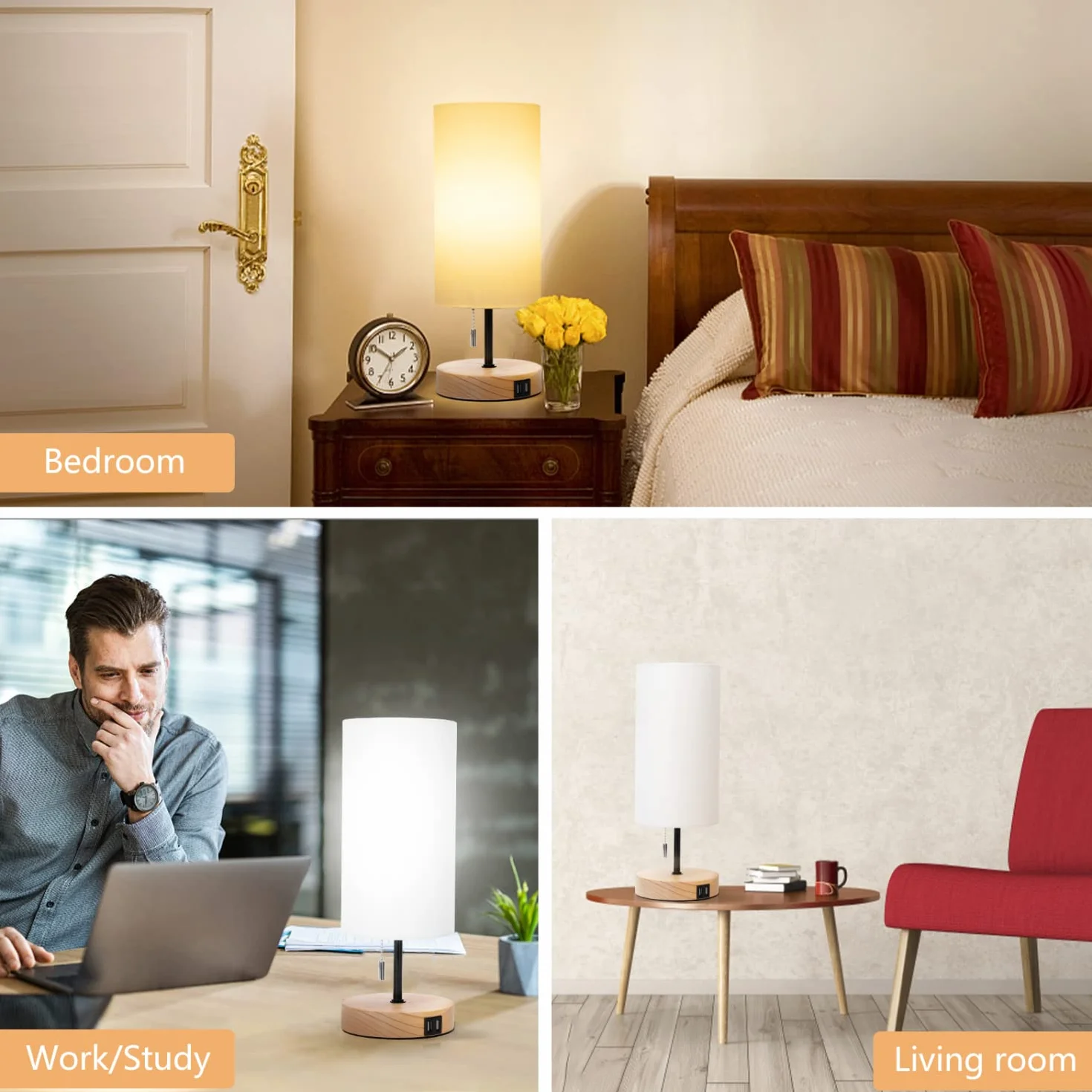 Lampa stołowa Aigostar z 2 portami ładowania USB, lampka nocna z włącznikiem pociąganym, drewniana podstawa, zabytkowa lampa biurkowa do salonu, sypialni, biura