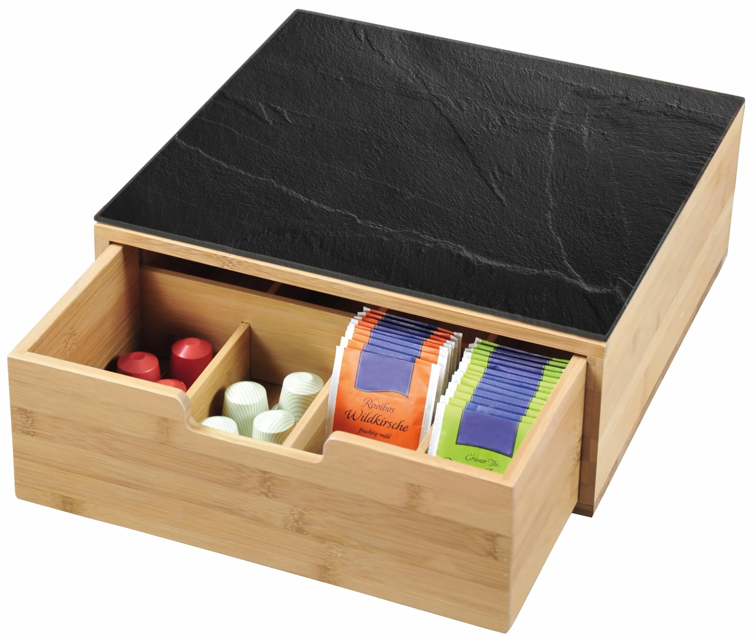 Kesper | pudełko z szufladą, materiał: bambus i szkło, wymiary: 30 x 31 x 9,5 cm, kolor: brązowy, czarny