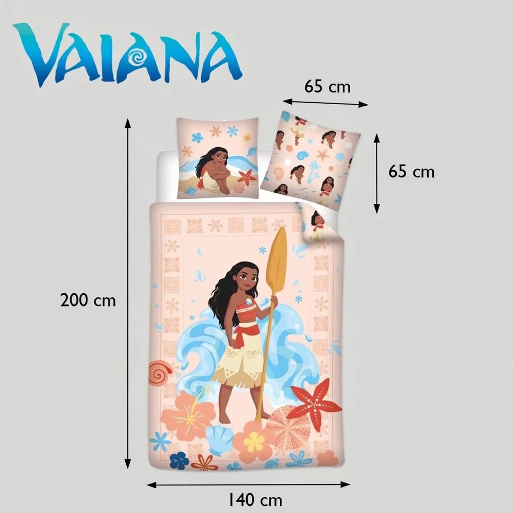 Pościel Vaiana Disney - dwustronna poszwa na kołdrę 140 x 200 cm i poszewka na poduszkę 65 x 65 cm - 100% bawełna premium, certyfikat Oeko-Tex Standard 100, zapięcie na guziki