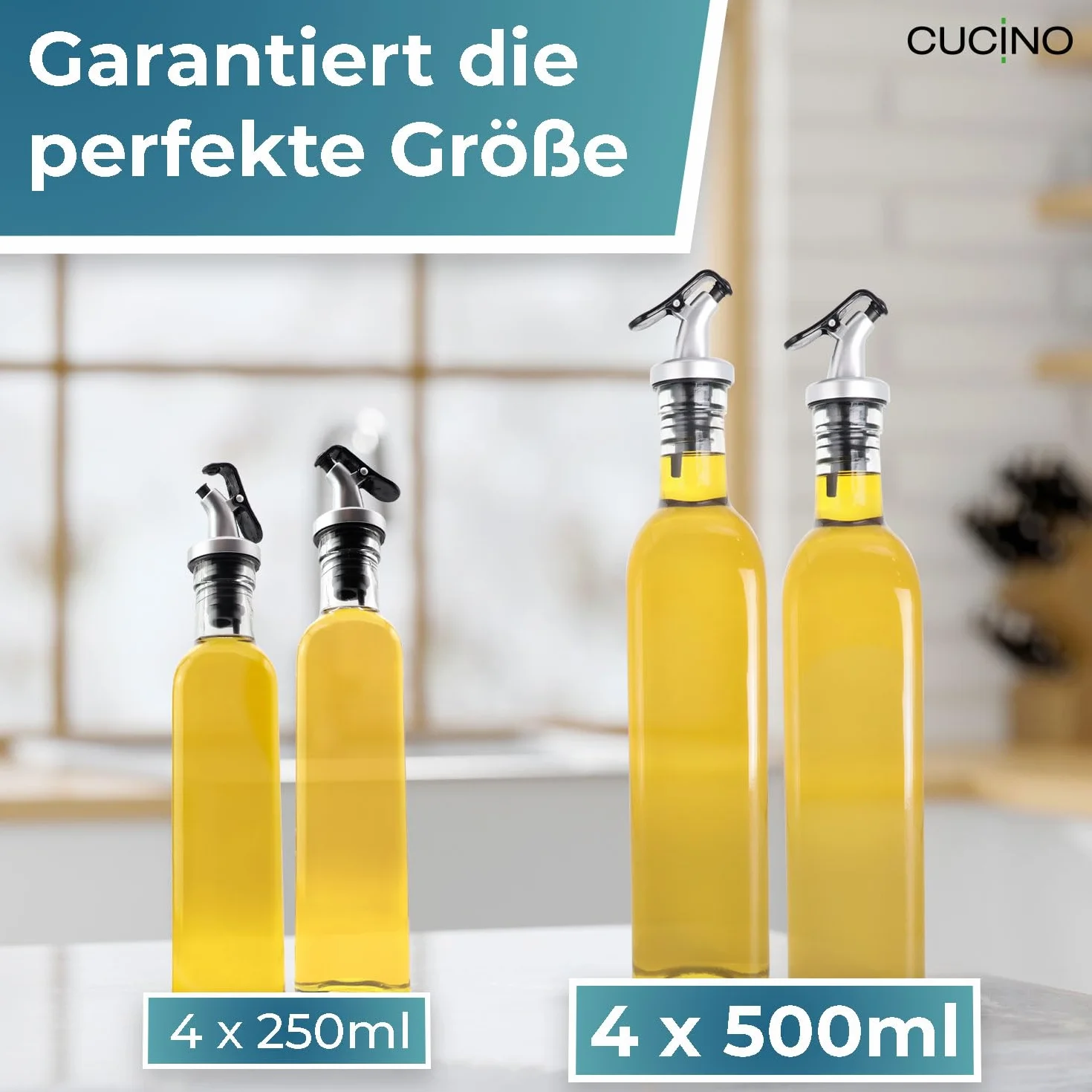 Zestaw dozowników do octu i oleju - (Madeira) 4 x 500 ml butelki ze szkła z metalowym lejkiem i etykietami do oznaczania | szczelne i niekapiące | z zakrętką zapobiegającą zabrudzeniu
