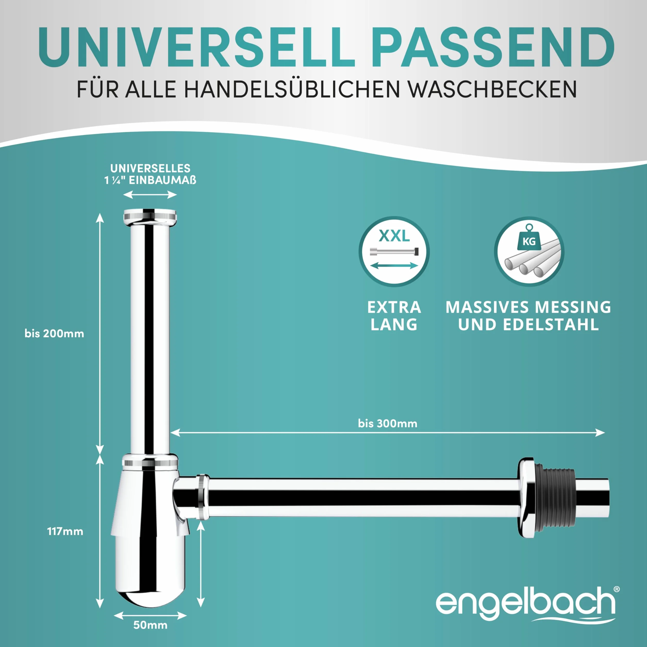Engelbach® Syfon do umywalki z otworem czyszczącym – uniwersalny Sifon butelkowy 1 1/4 – rura odpływowa, syfon butelkowy, Siphon w zestawie z uszczelką gumową i instrukcją