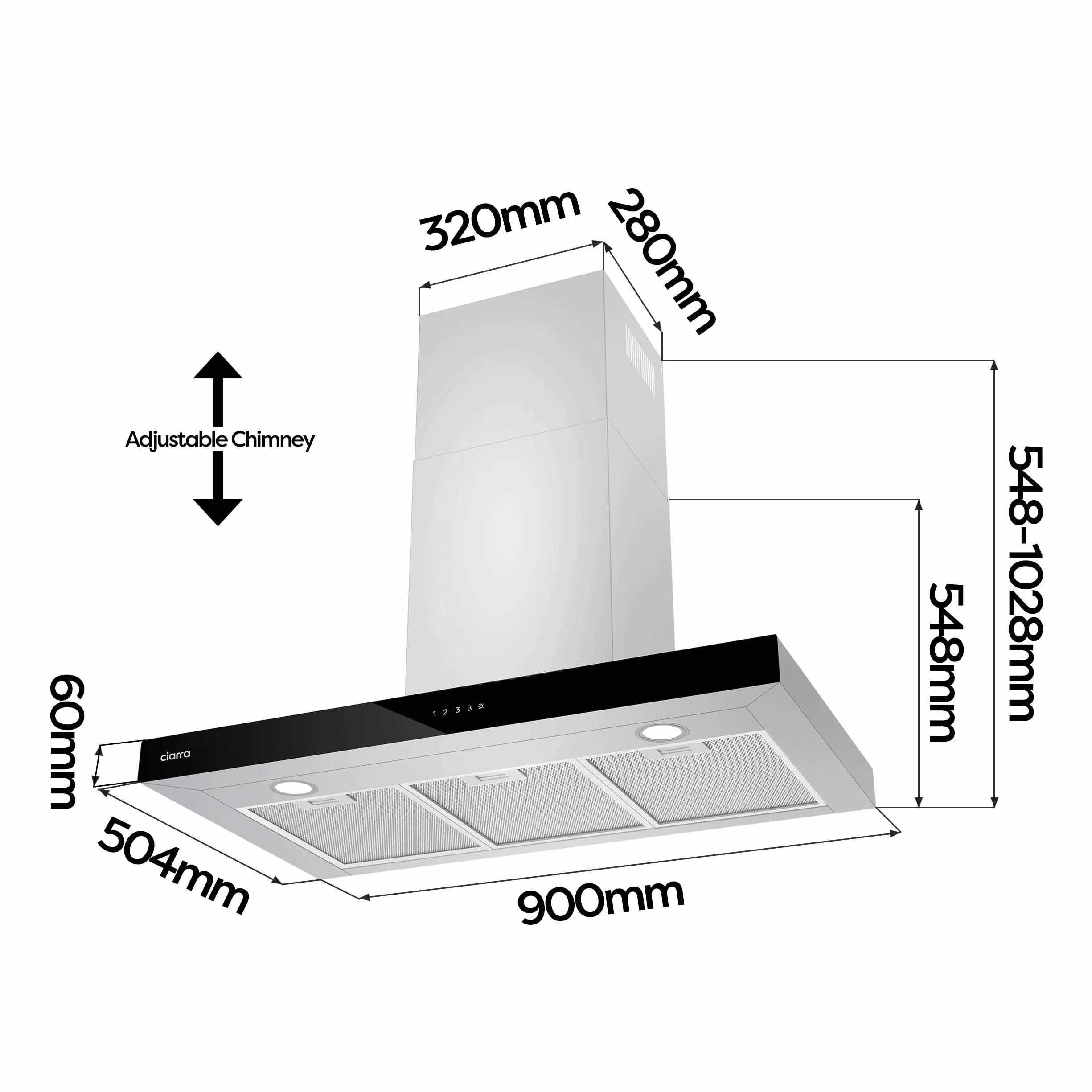 CIARRA CBCS9102 okap kuchenny 90 cm 650 m³/h - wydajność klasy A++ - 4 prędkości - funkcja Boost - cichy okap kuchenny - sterowanie dotykowe - ściemnialna dioda LED - okap ścienny ze stali nierdzewnej