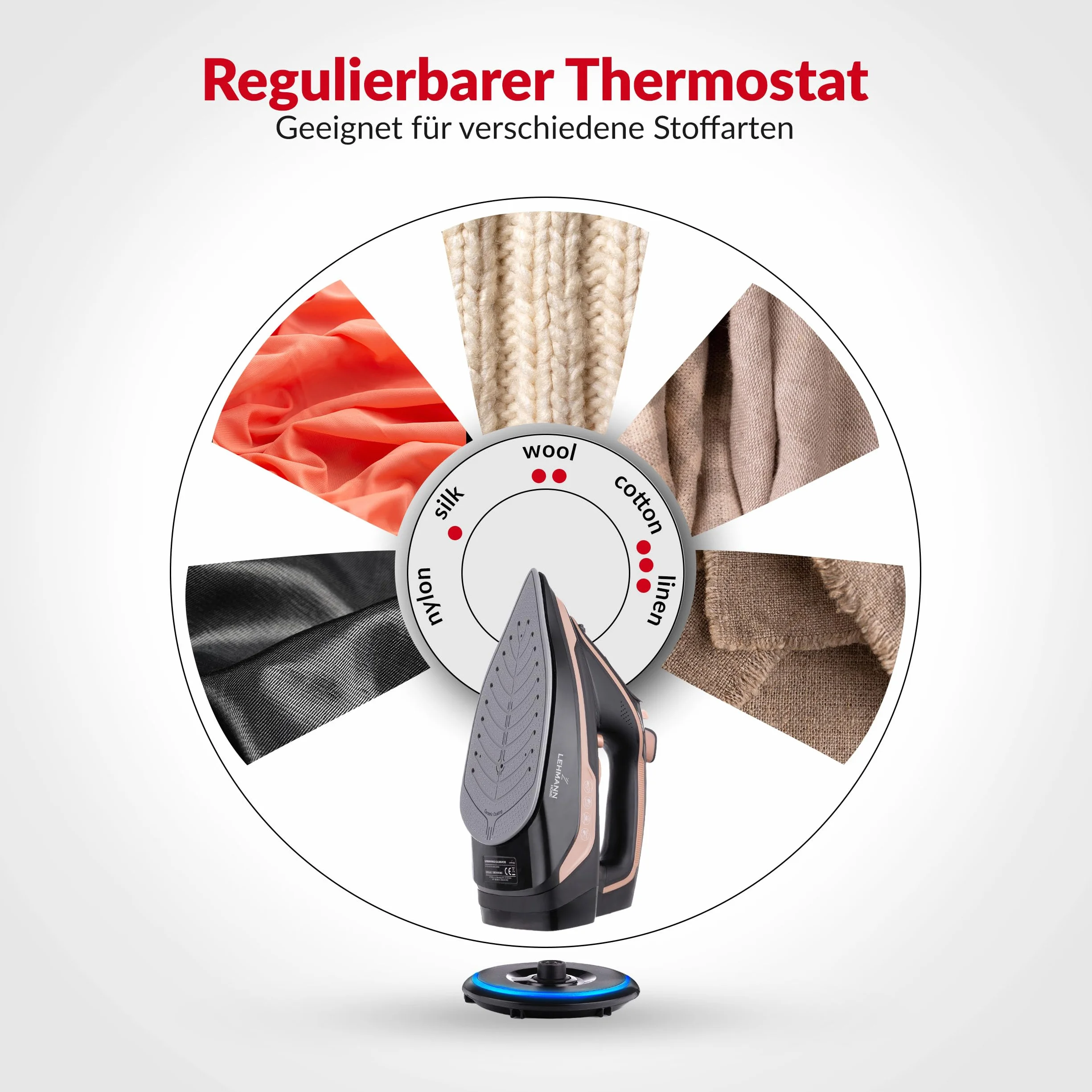 LEHMANN Bezprzewodowe żelazko parowe ze stacją ładującą, 3000 W, bezprzewodowe żelazko parowe z regulacją temperatury i 5 programami prasowania, podeszwa ceramiczna, pionowa para, automatyczne