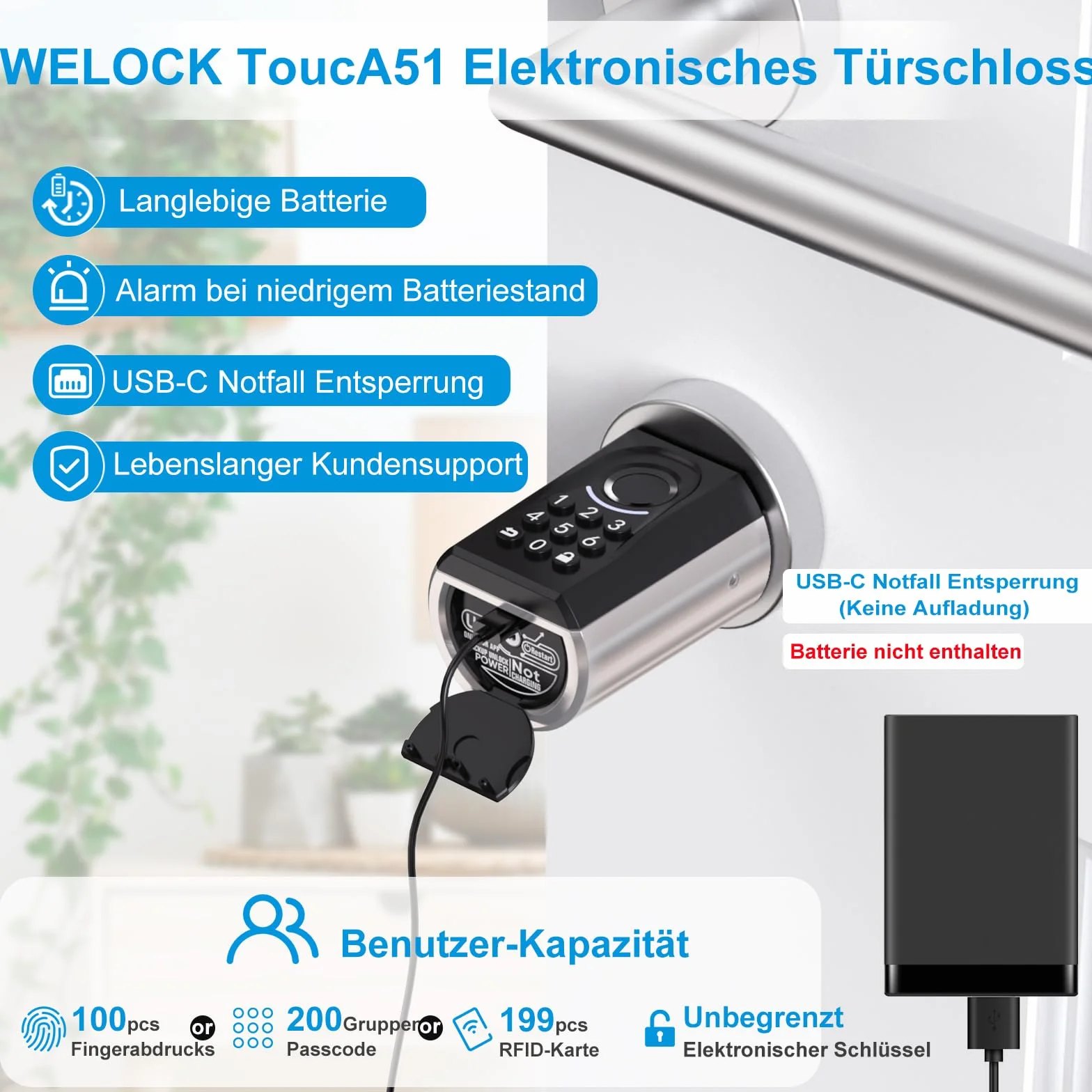 WELOCK ToucA51 zamek do drzwi, odcisk palca, kod dostępu, zamek do drzwi wejściowych, z aplikacją na kartę RFID, elektroniczny kod numeryczny, zamek do drzwi, regulowany cylinder zamka do drzwi 30-70