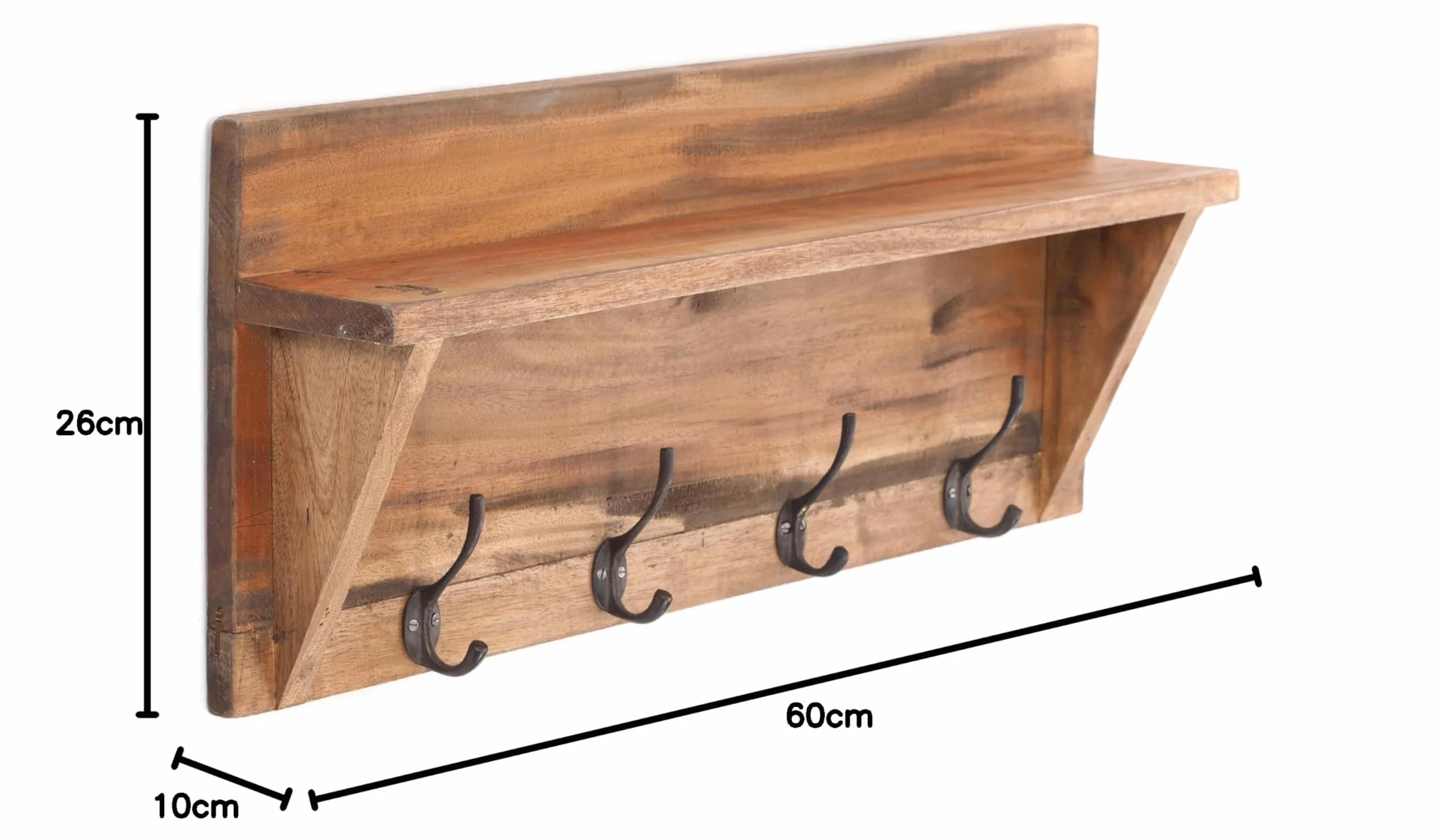 DESIGN DELIGHTS Rustykalna garderoba ścienna z regałem w stylu vintage | 60 x 26 x 10 cm (szer. x wys. x gł.), drewno z recyklingu, regał ścienny z 8 haczykami na ubrania, garderoba do korytarza