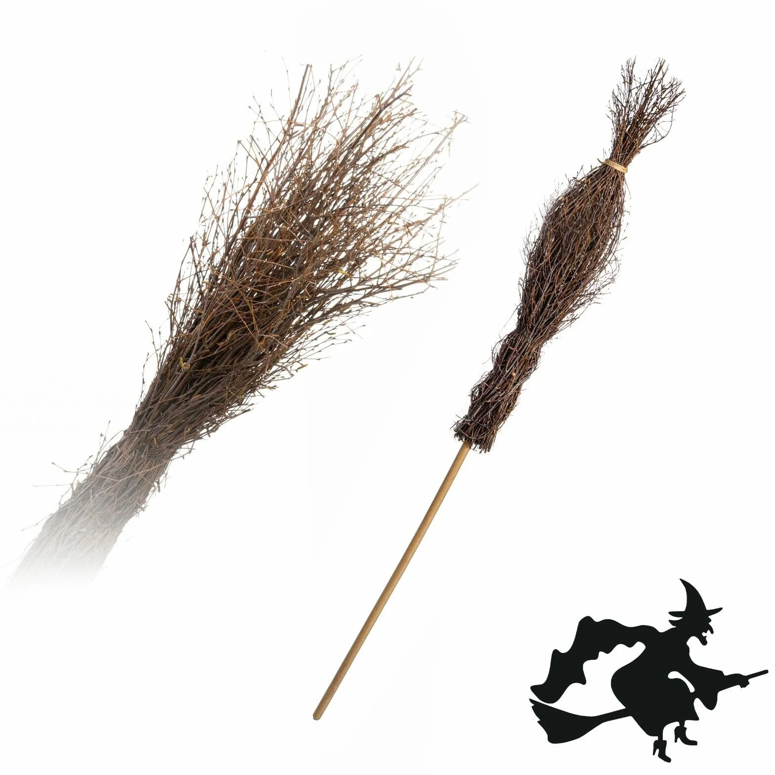 Miotła czarownicy brzozowa miotła słomkowa na Halloween, karnawał, akcesoria do kostiumu, drewno naturalne, długość 150 cm