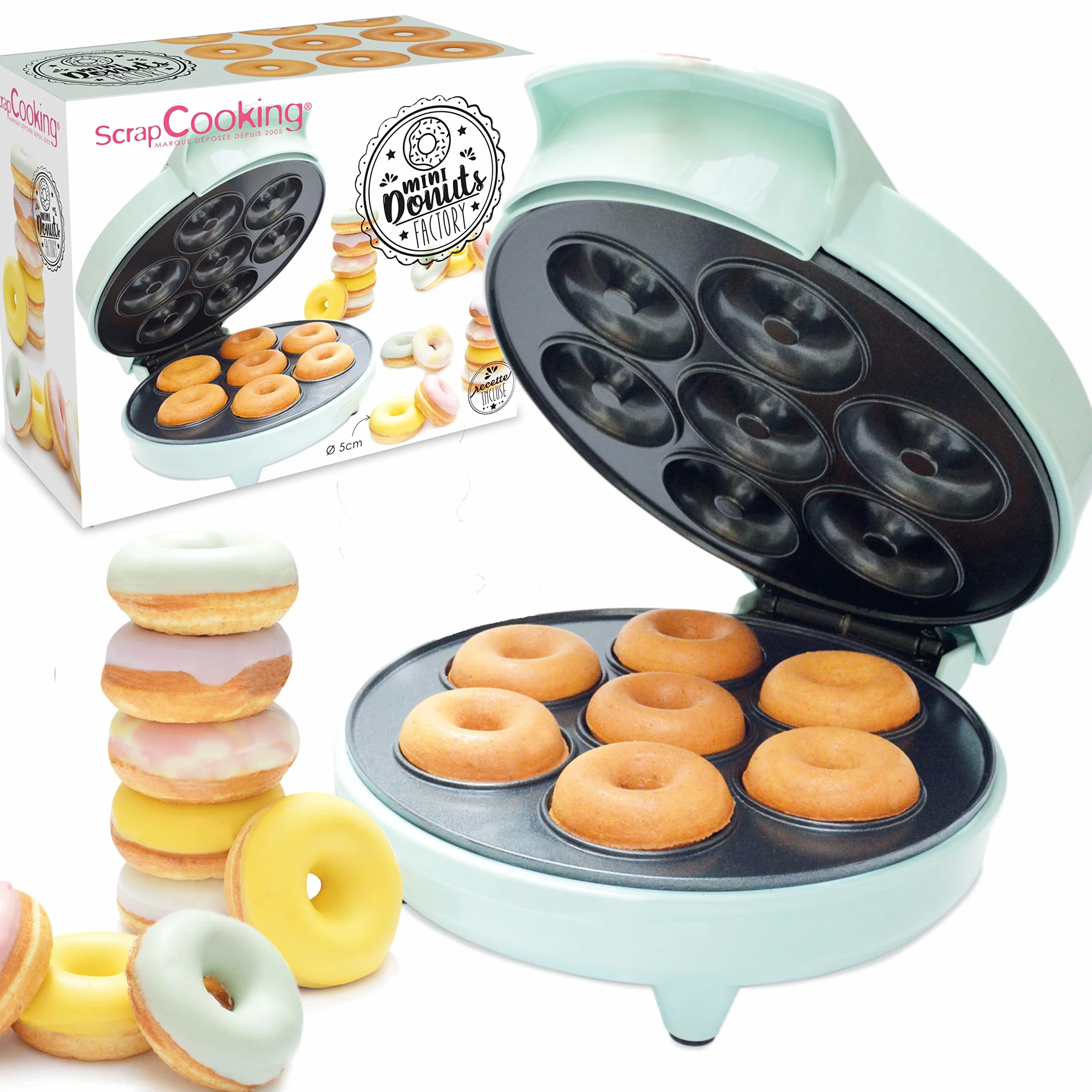 ScrapCooking Fabryka Mini Donuts - Maszyna do małych pączków i pączków - z nieprzywierającą płytą grzewczą - pomysł na prezent do pieczenia - z przepisami - zieleń wodna - 3887