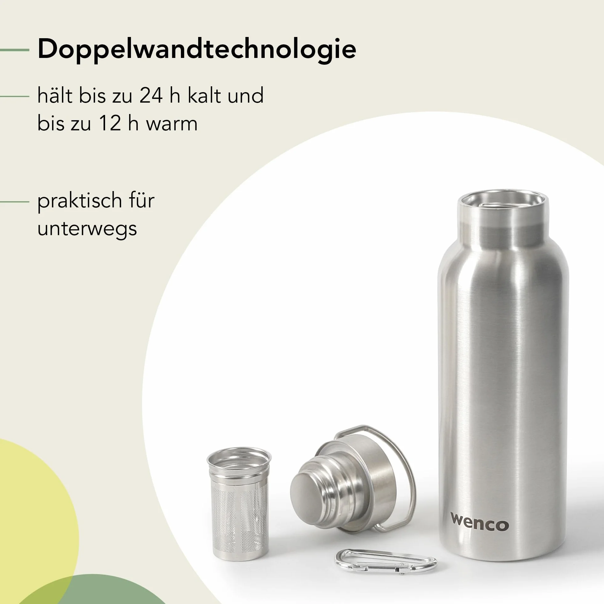 wenco Butelka do picia ze stali nierdzewnej, 0,5 l / 500 ml, izolowana i zabezpieczona przed wyciekiem, do zimnych i gorących napojów, może być również używana jako termos – z sitkiem do herbaty –