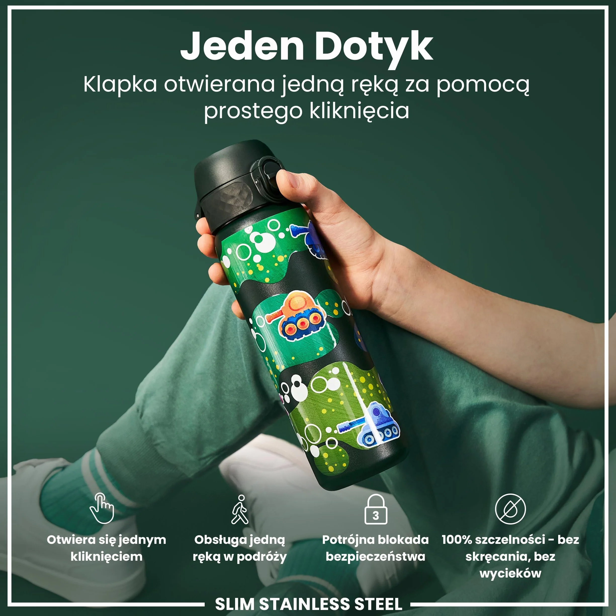 ION8 Butelka na Wodę ze Lekki Stali, 600 ml/20 oz, Nieocieplany, Szczelna, Łatwe Otwieranie, Bezpieczny Zamek, Można Myć w Zmywarce, Higieniczne Pokrycie, Składany Uchwyt, Czołgi