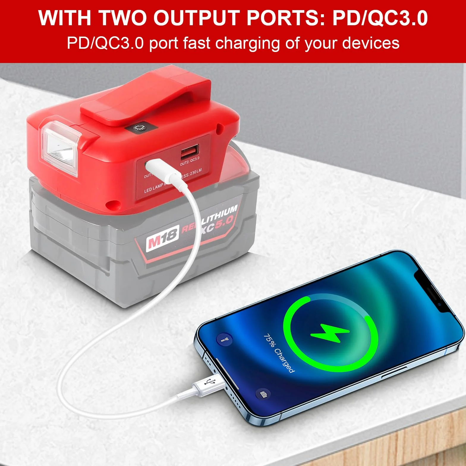 Adapter USB do akumulatora Milwaukee M18 18 V, konwerter z podwójnym portem ładowania USB, port DC 12 V, bezprzewodowa latarka i światło robocze LED (tylko adapter)
