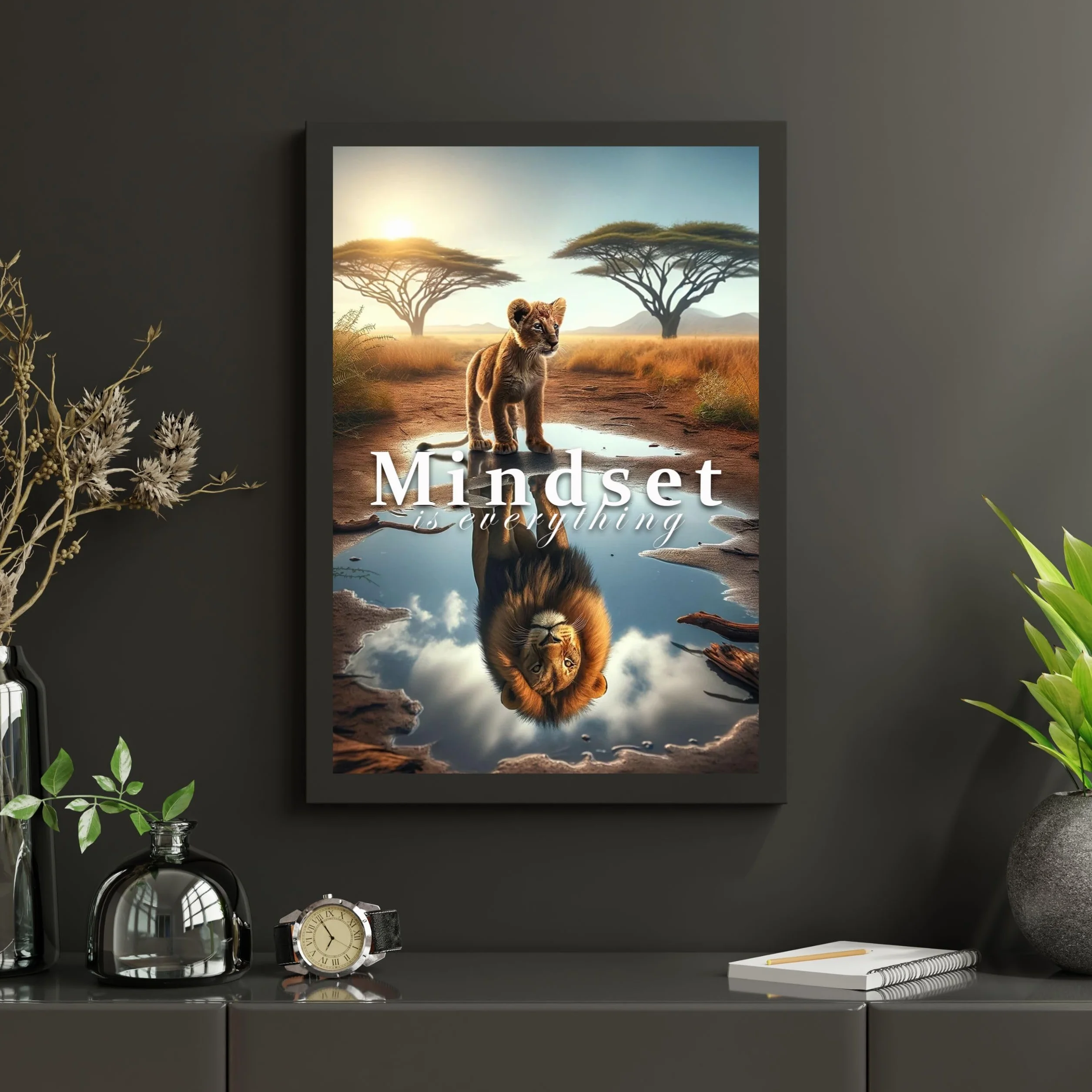 CLEAN SPORTS® Mindset is everything — plakat motywacyjny – lew dziecięcy widzi siebie jako dorosłego lew w lustrze – obraz motywacyjny do biura, sportu i Twojego sukcesu – bez ramki (DIN A1)