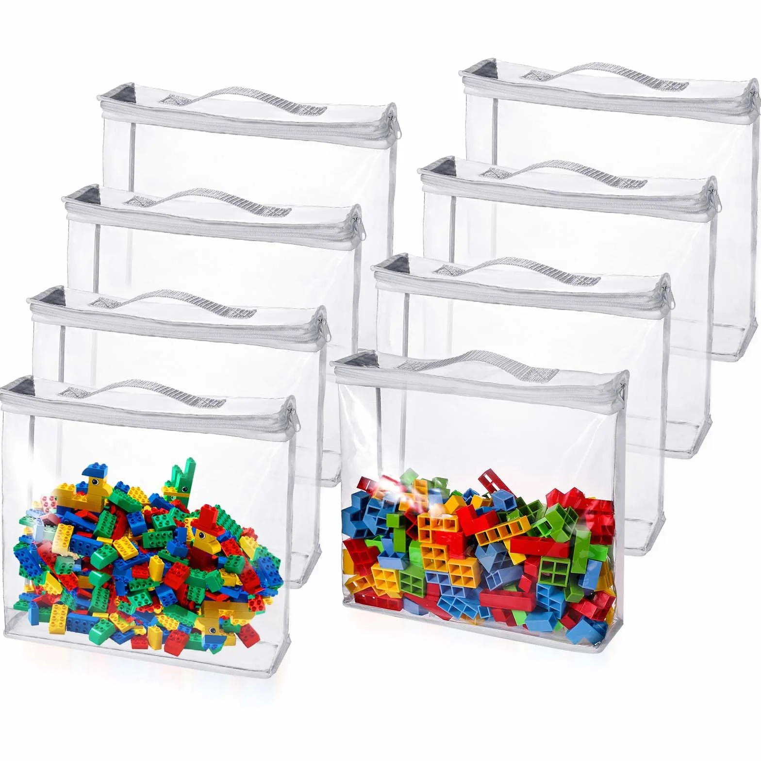 8 szt. Torby do Przechowywania Zabawek z Zamkiem Blyskawicznym, 32x31x8cm Przezroczyste Torby do Przechowywania PVC Torby do Organizowania Zabawek Torby na Zabawki do Klocków Puzzli Zabawek