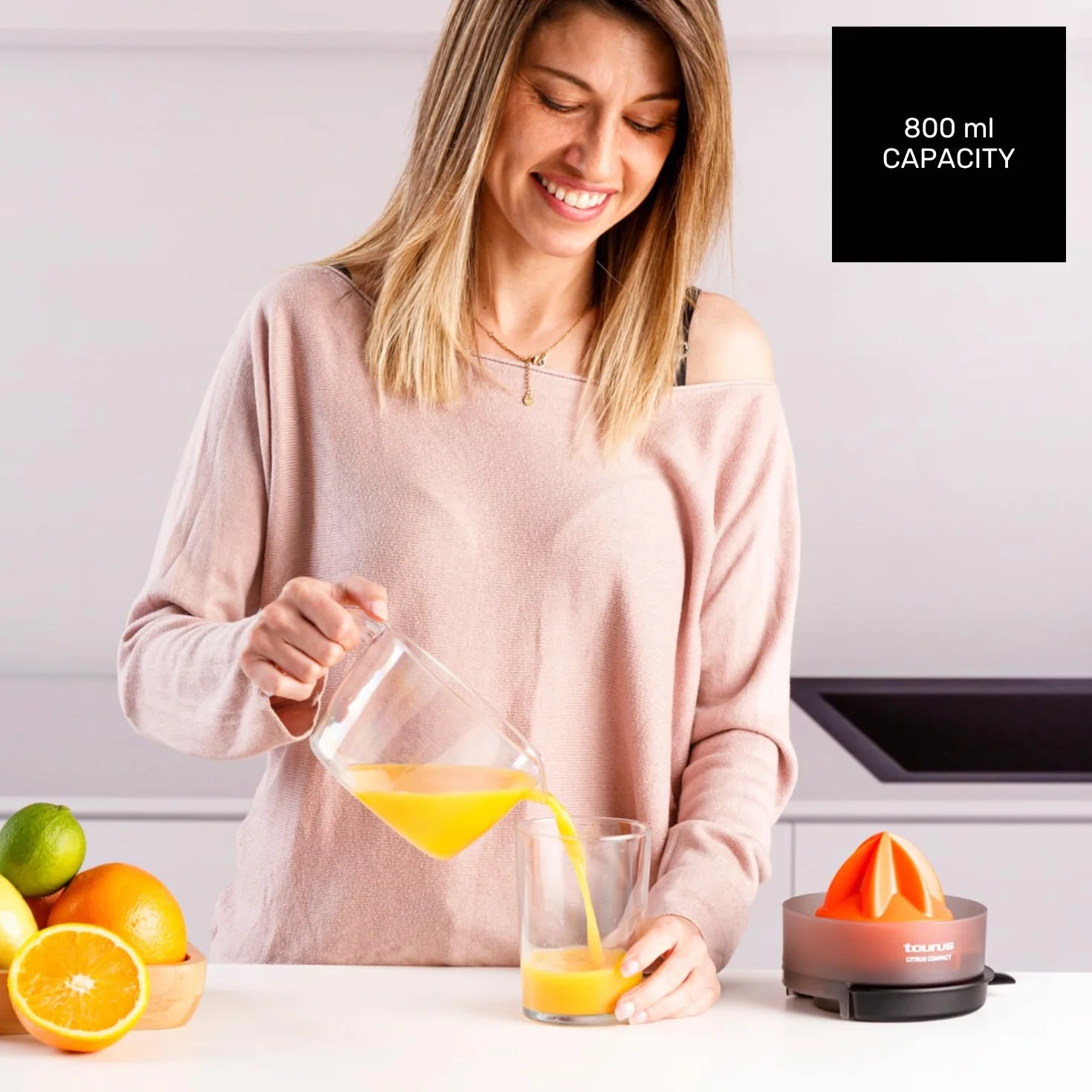 Taurus Citrus Compact elektryczna wyciskarka do pomarańczy, podwójny kierunek obrotu, duży stożek, BPA Free